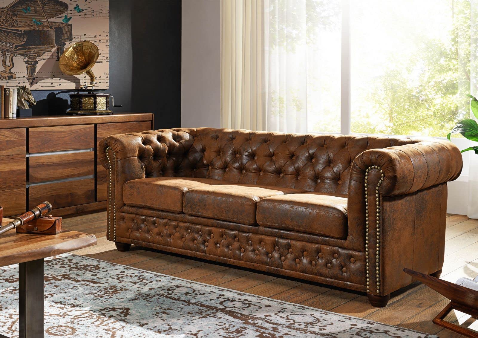 MASSIVMOEBEL24.DE Oxford Divano Chesterfield - Stoffa/Marrone - Stile Coloniale 203x86x72