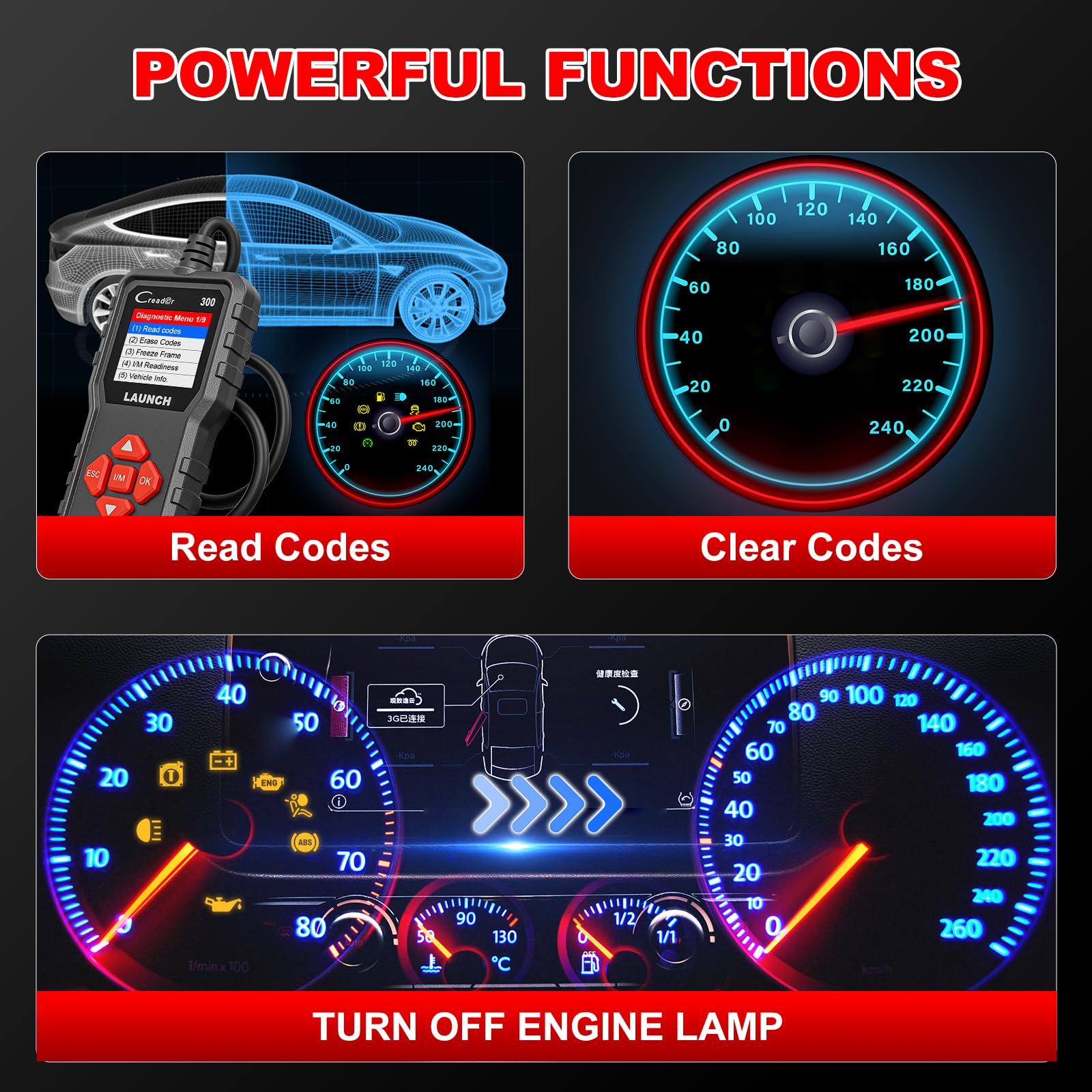 Lancio Creader 300 OBD2 scanner, lettore di codice di guasto del motore, supporta il flusso di dati di lettura, scanner per tutte le auto protocollo OBDII dal 1996, aggiornamento gratuito