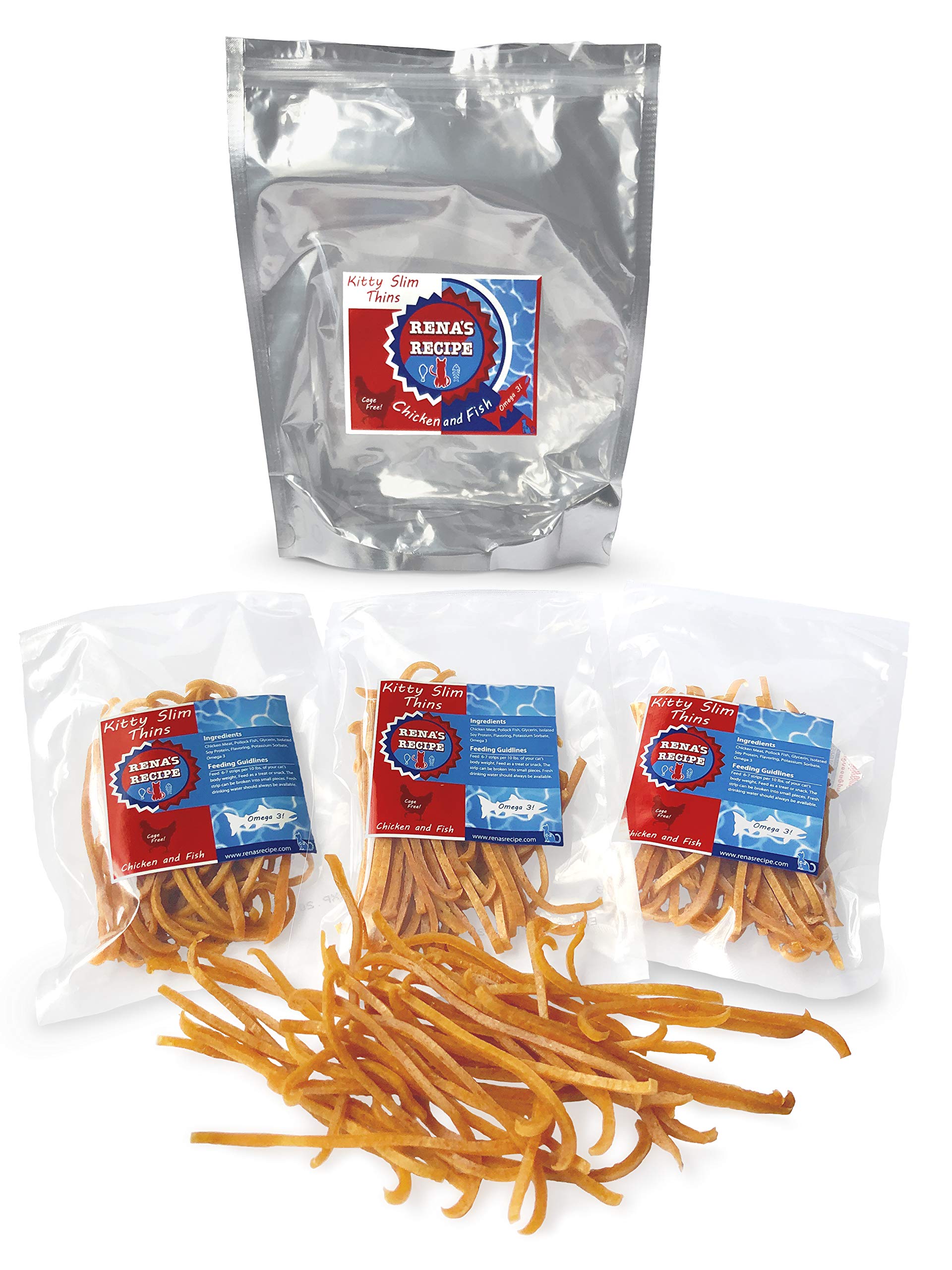 Rena's Recipe Kitty Slim Thins (Chicken and Fish) 1.5 oz (48g) X 3 Bags (Added Omega 3, Versatile, Cage Free Chicken and Pollock Cat Treats) Serve as is, Blend into Pieces, Add Water, Puree