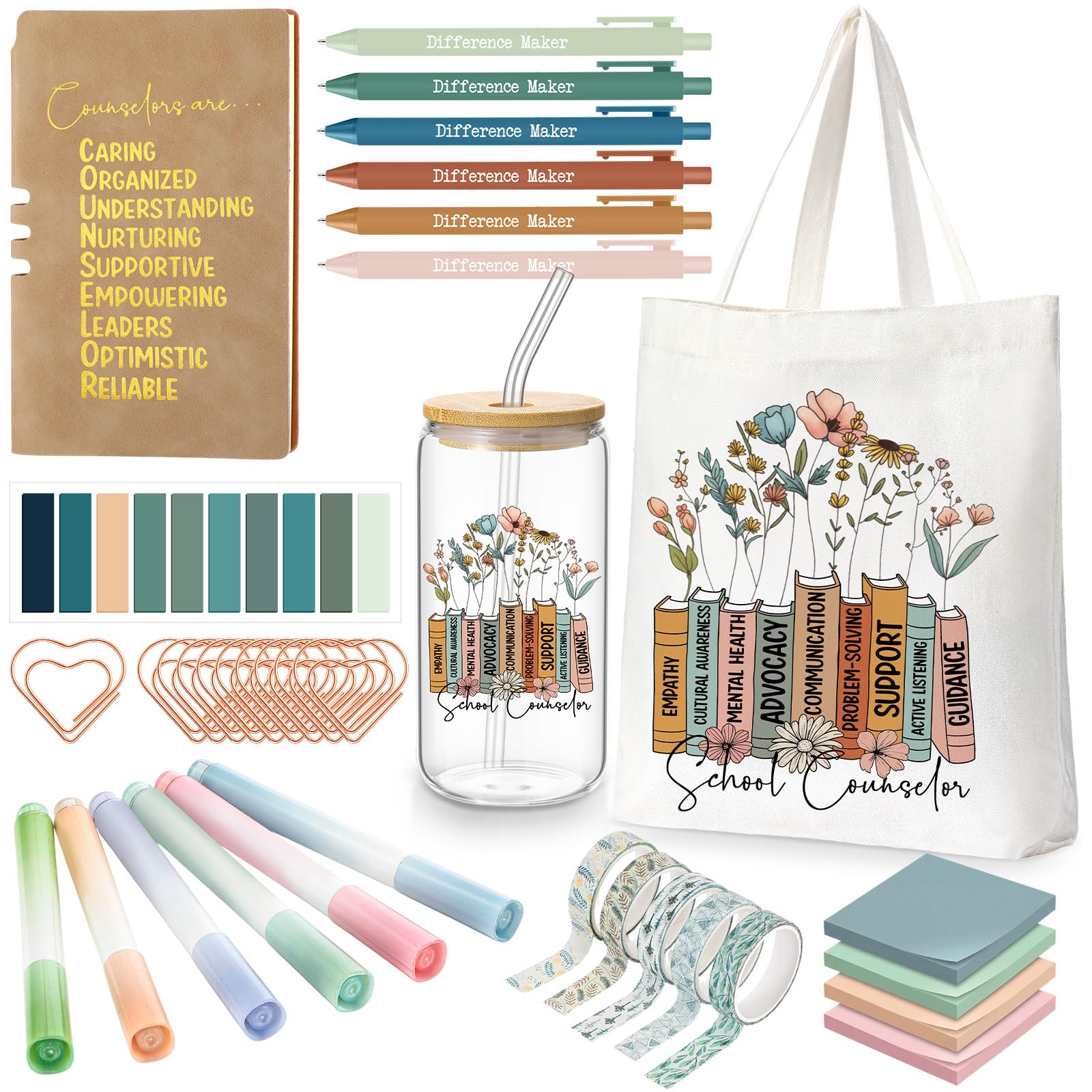 Yungyan 35 Pcs School Counselor Must Have Appreciation Gift Set 16 oz Glass Cup Tote Bag Leather Notebook Ballpoint Pen Highlighter Sticky Note Paper Clip Thank You Gift for Counselor Teacher Educator