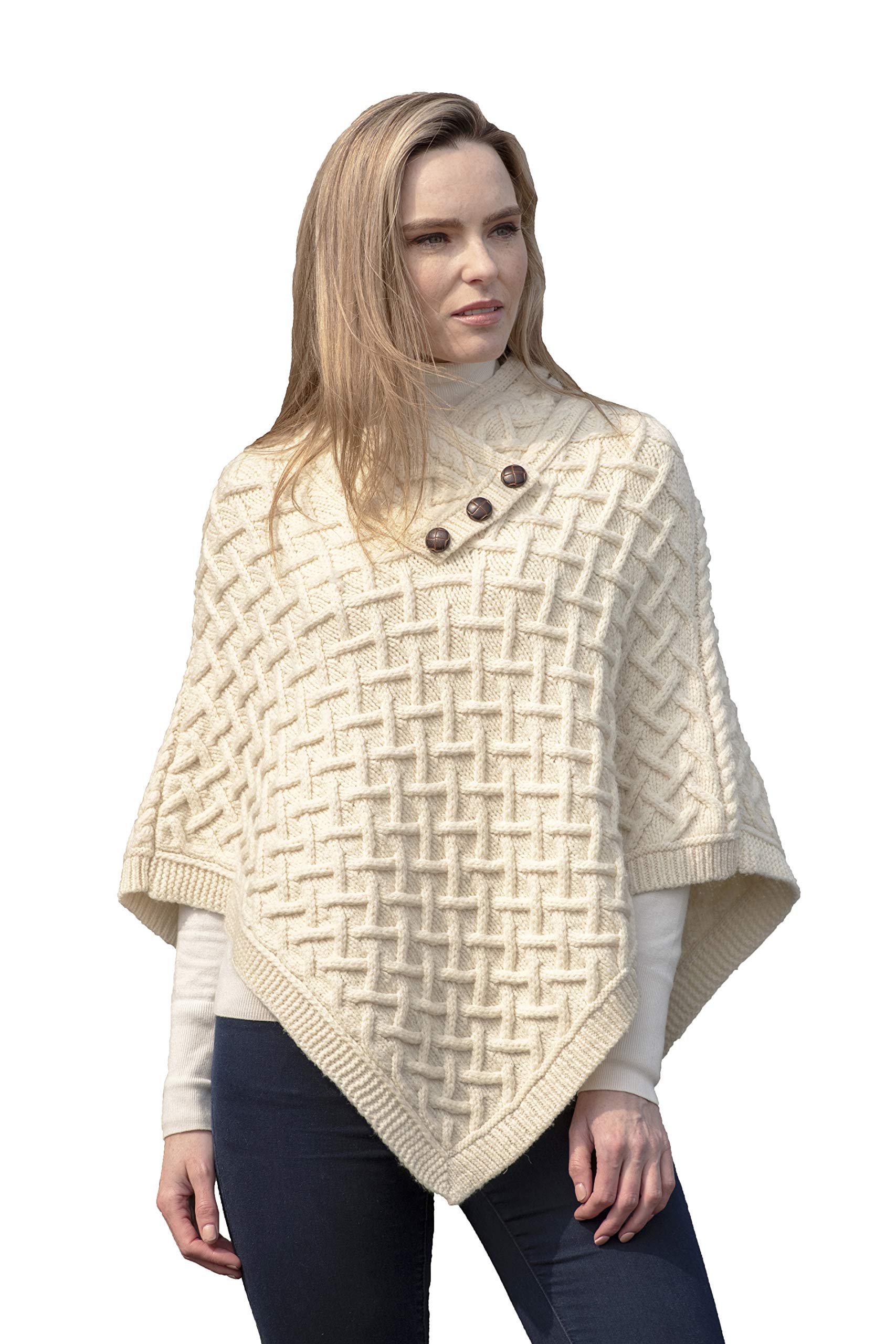 Aran CraftsWomen's Cable Knit Nua Button Poncho (100% Super Soft Merino Wool)