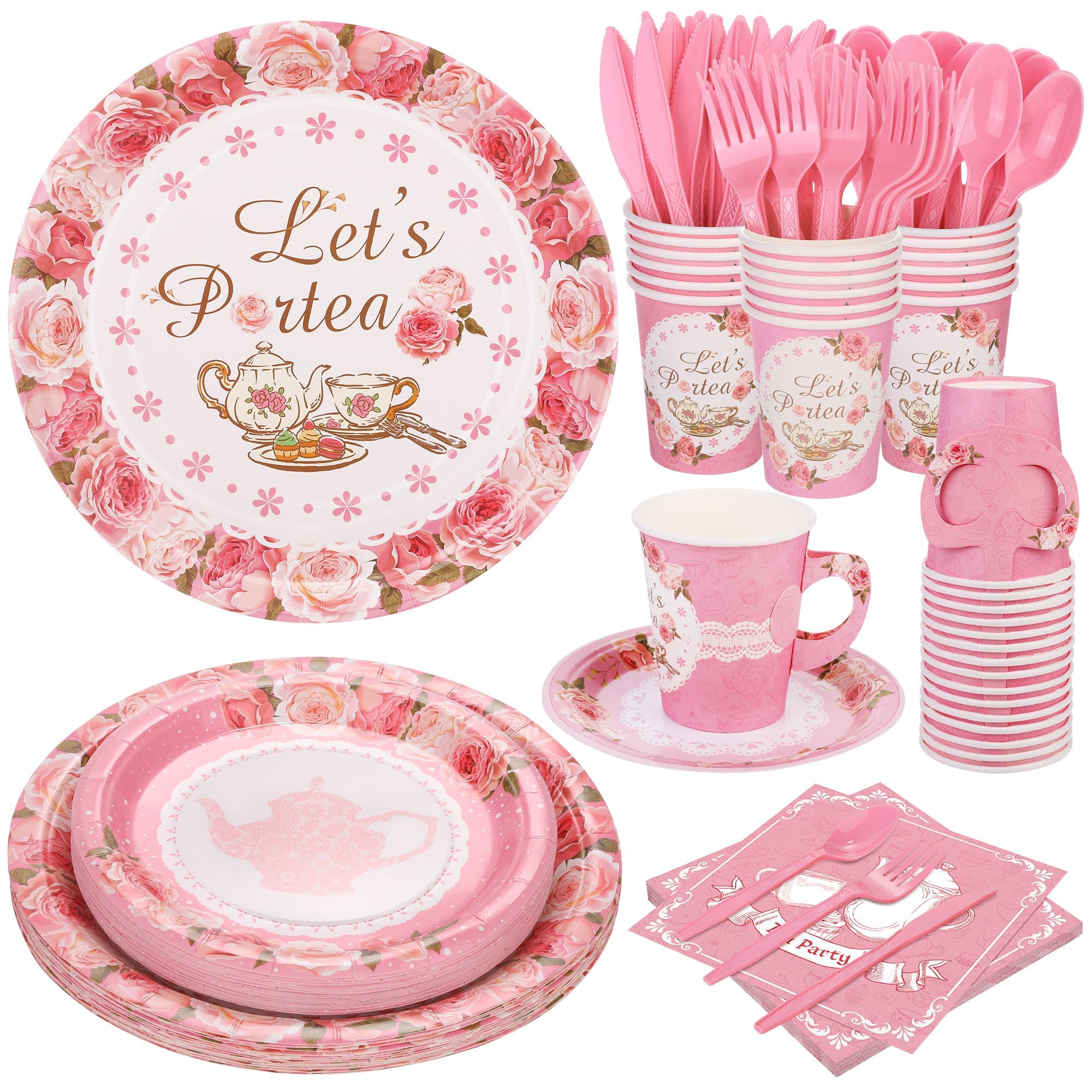 Kochorie 192 Pcs Tea Party Tableware Sets Disposable Let's Partea Party Supplies Plates Cups Napkins Cutlery Serves 24 with Teacups and Saucers Sets