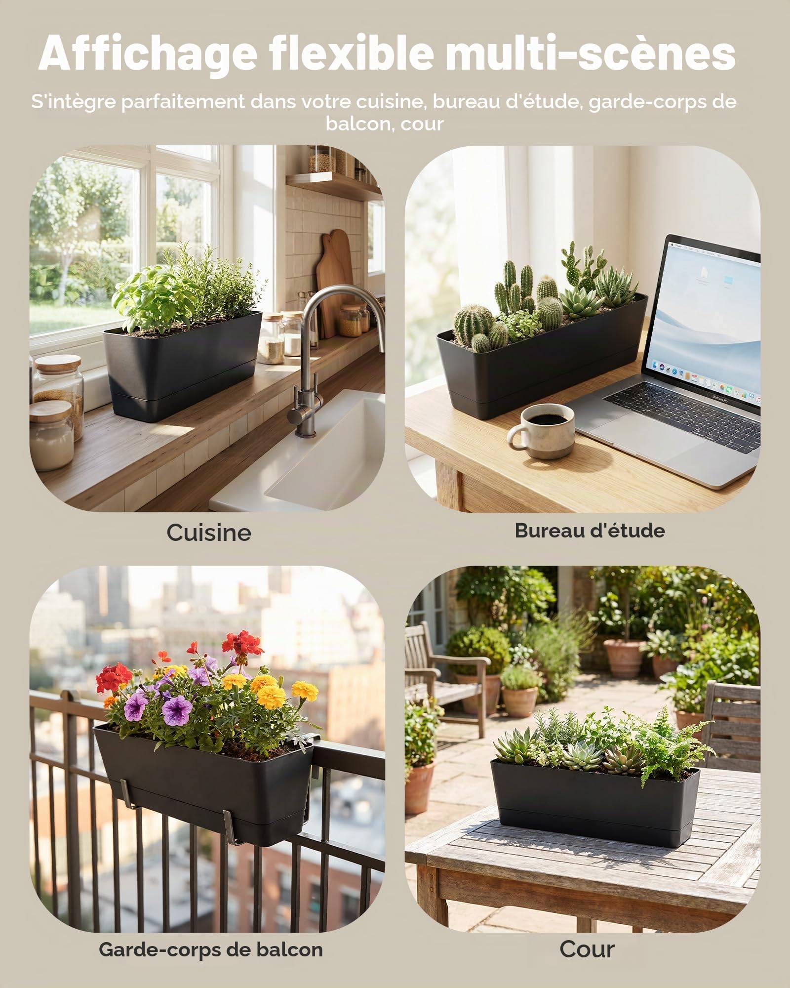Bamworld Lot de 3 Jardinières Rectangulaires 42x12 cm en Plastique avec Drainage, pour Balcon, Intérieur et Déco de Table, Noir