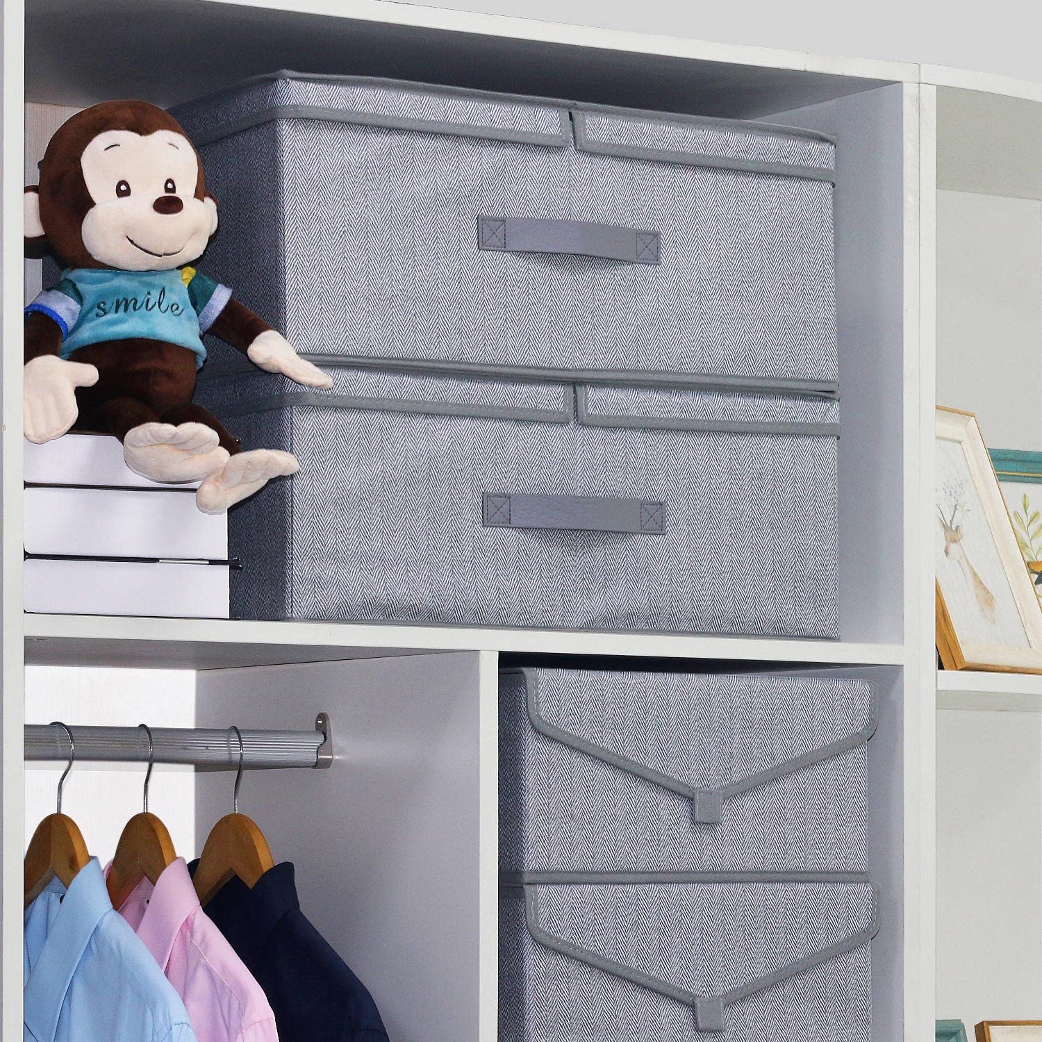 Onlyeasy Größere faltbare Aufbewahrungsboxen aus Stoff, 2 Stück, für Zuhause, Schrank, Kinderzimmer mit Deckeln, Griffen und herausnehmbarer Trennwand, 50 x 41,9 x 20,1 cm, Fischgrätengrau, MXRLB50P2