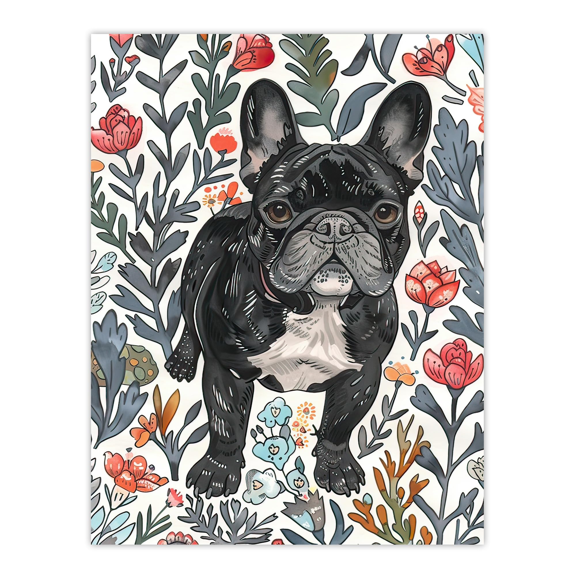 Artery8 - French Bulldog in Flower Garden - Wall Art Print - W24 inch x H32 inch
