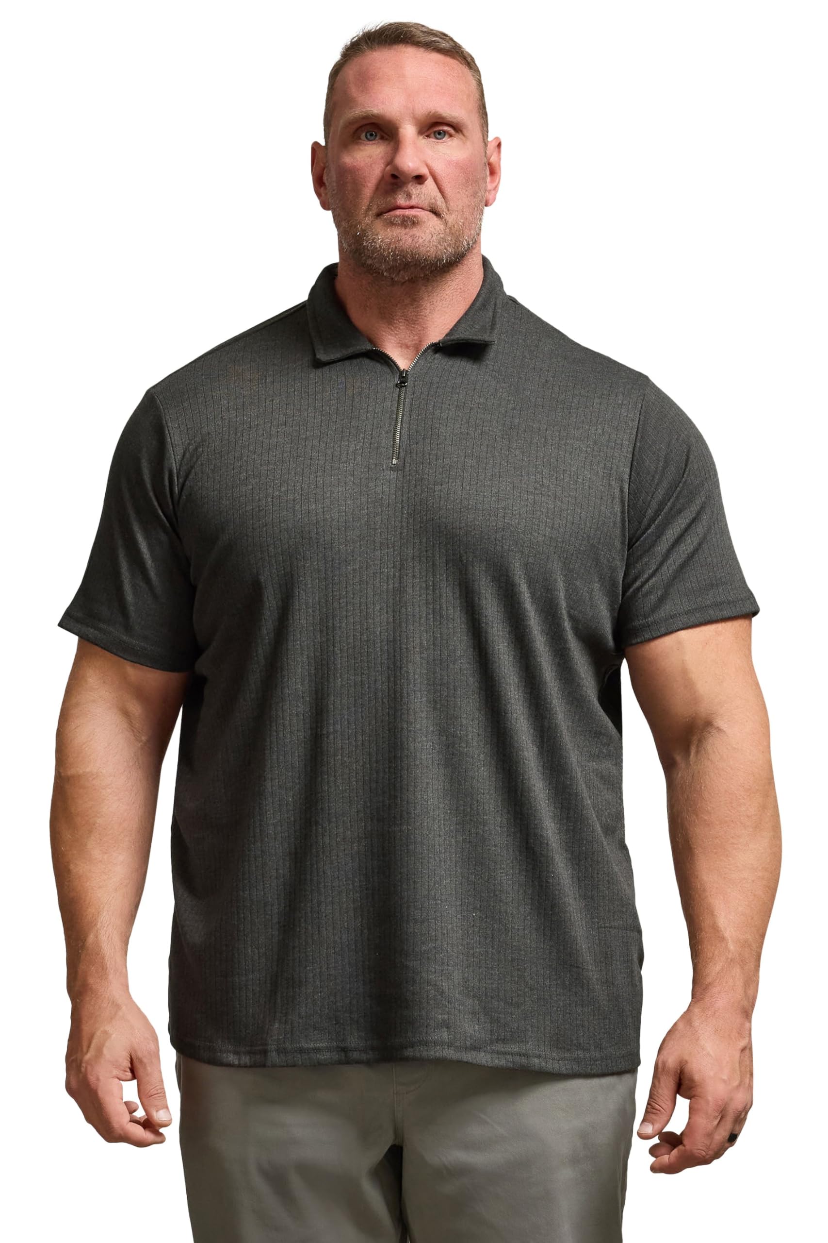 BadRhino Big & Tall Charcoal Jacquard Zip Neck Polo Shirt - Men's - Plus Size Curve
