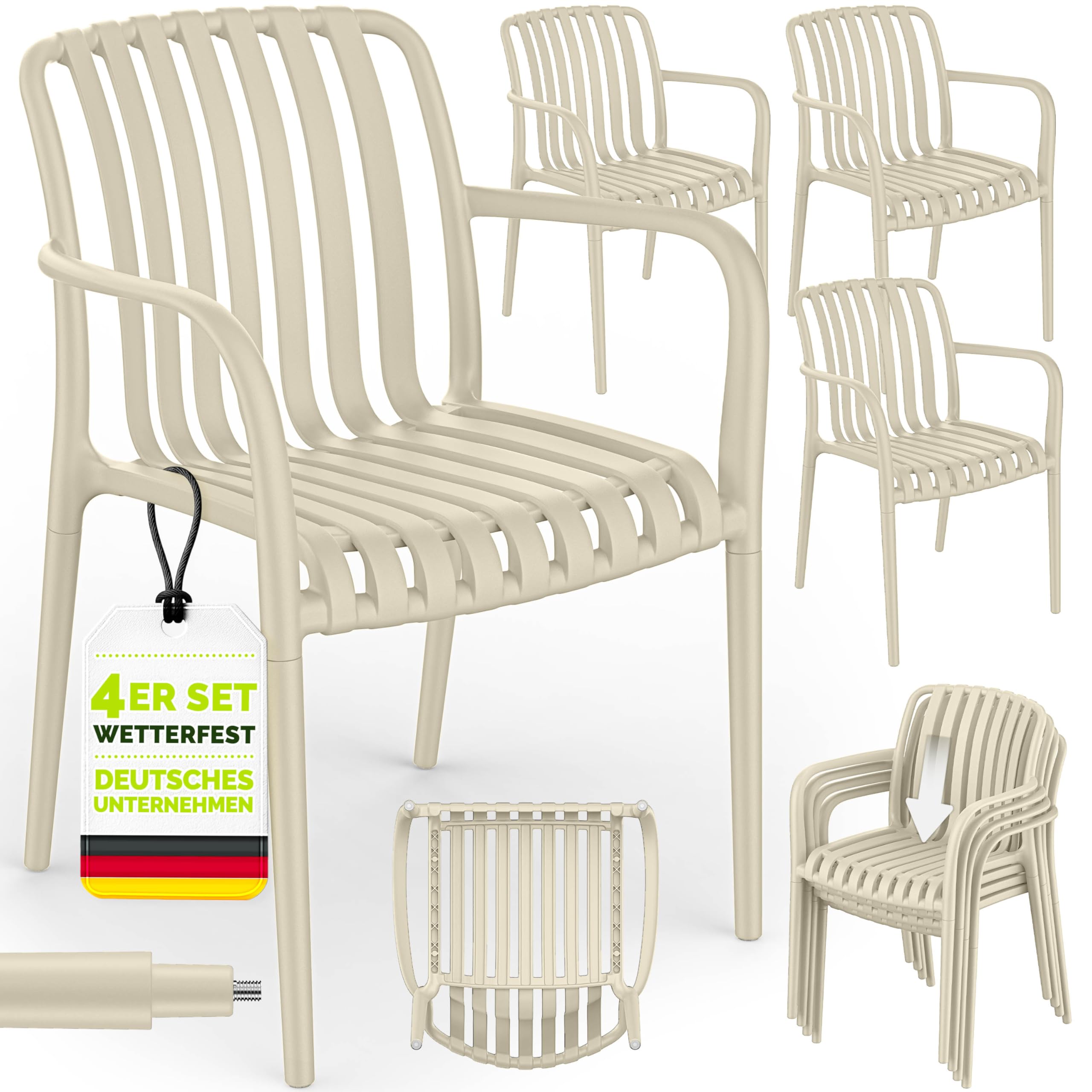 tillvex® Gartenstühle 4er Set Stapelbar Wetterfest mit Armlehne | Outdoor Stühle bis 120kg belastbar | Gartenstühle Outdoor | Terrassenstuhl Gartenmöbel Balkon Garten Terrasse