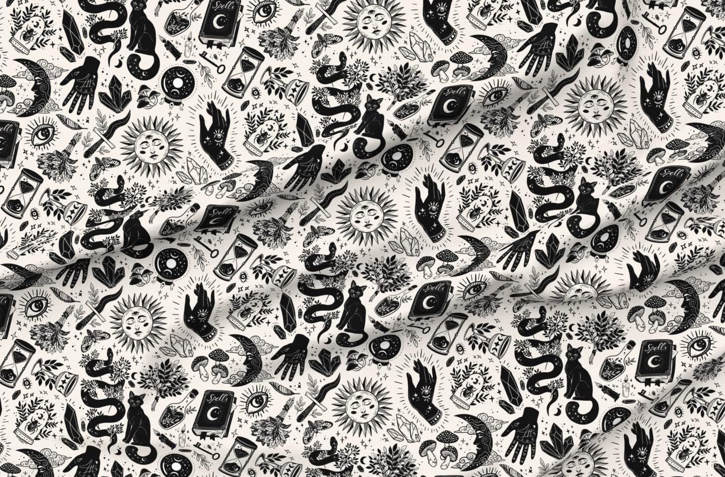 Spoonflower Fabric - Witch Magic Goth Witchcraft Crystals Black Cat Palm Moon Eye Celestial Printed on Organic Cotton Sateen Fabric by The Yard - Sewing Quilting Apparel Home Decor