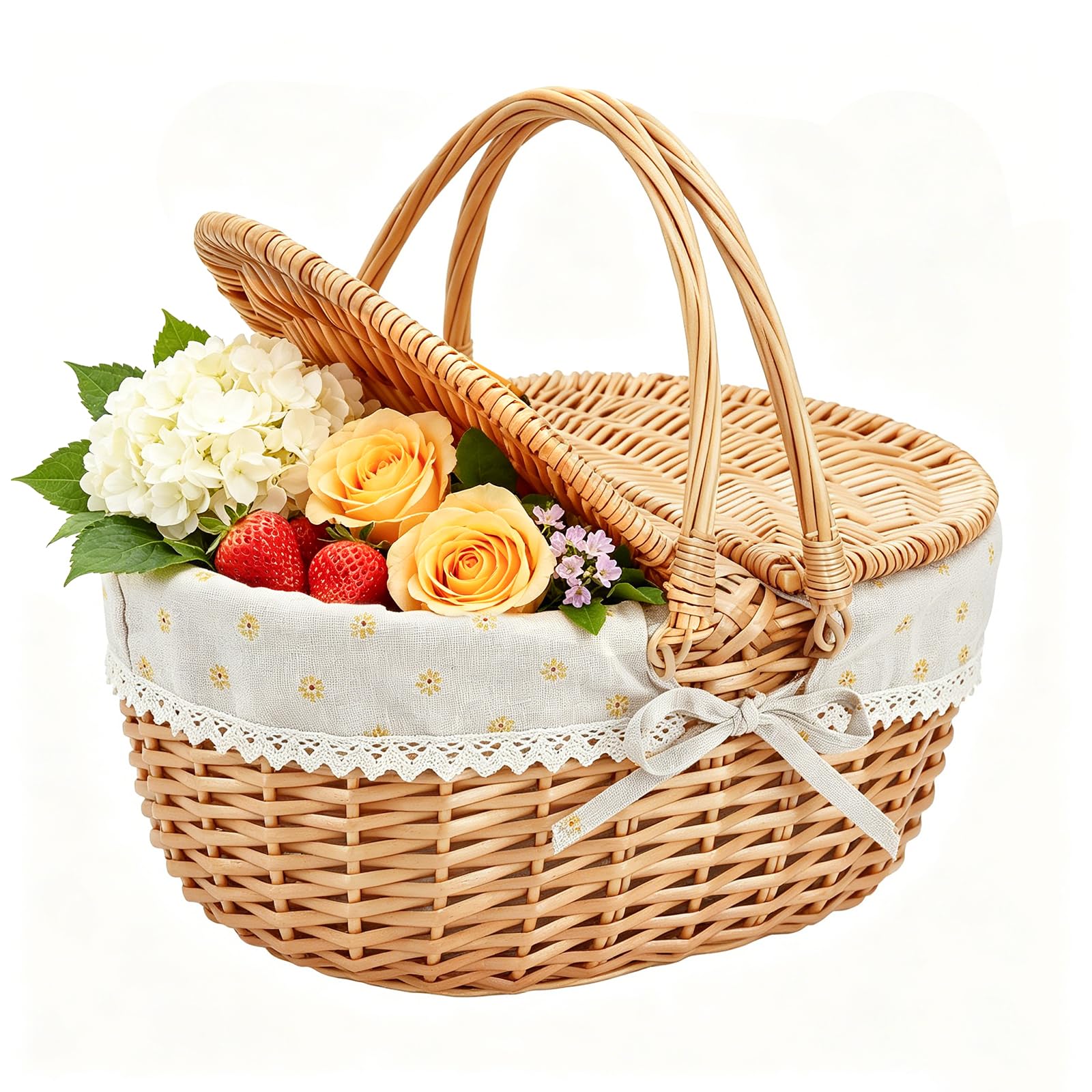 Picknickkorb,Picknickkorb 2 Personen mit Doppelt zu öffnendem Deckel und Klappbarem Griff,Picknick Korb Klein mit Herausnehmbarem Baumwollfutter für Picknicks, Camping(Gelb/40x34x19CM)