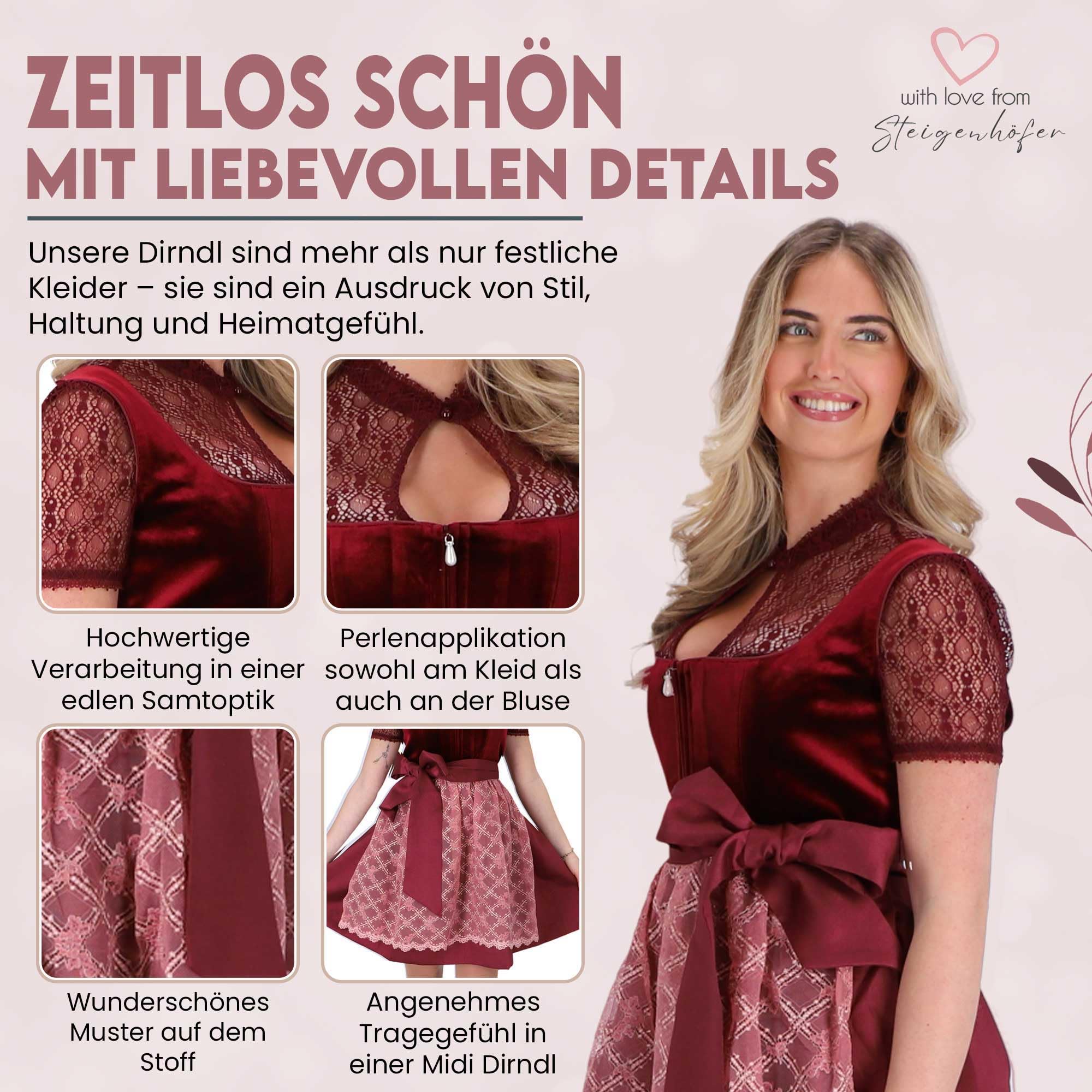 Steigenhöfer Manufaktur Dirndl Damen im Set - Oktoberfest Outfit - Set enthält Kleid Bluse und Schürze - Midi Dirndl mit 60cm Rocklänge - Feine Samtoptik und Perlenapplikation - Franziska
