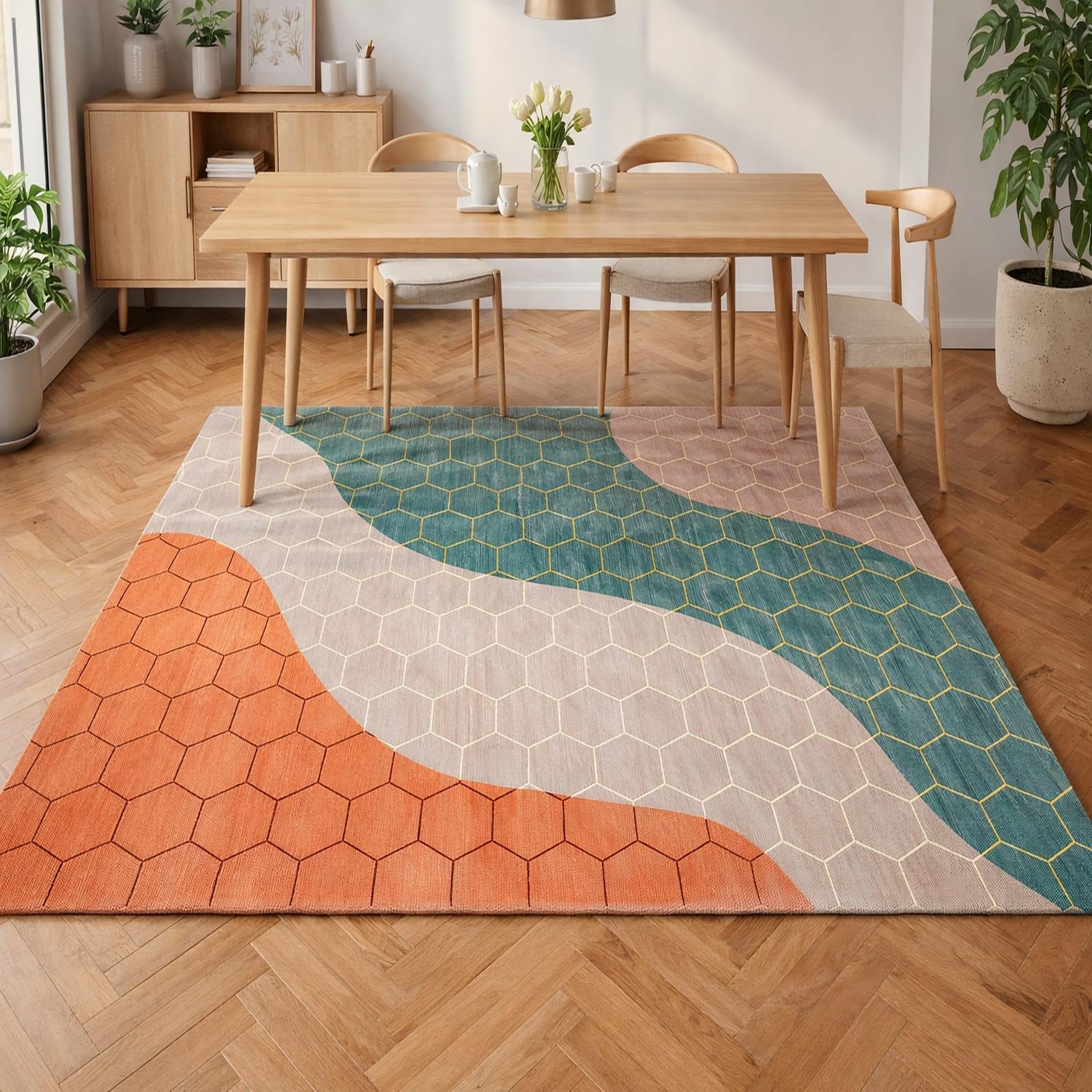 Tapis de sol moderne pour réchauffer un salon froid avec des motifs colorés