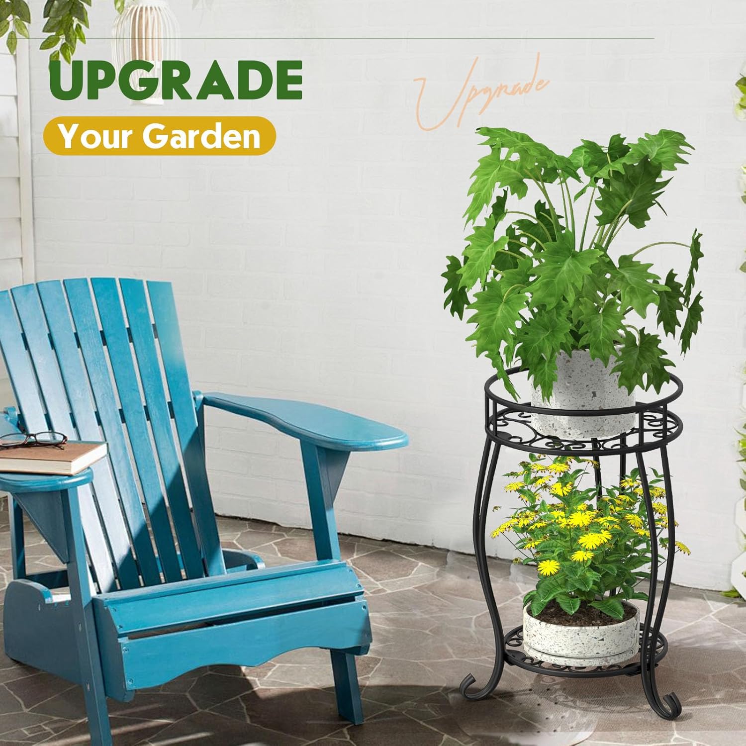TOSKING 2-Tier & 9.1'' Single Metal Plant Stand Set – Single Stand with Adjustable Leveling Feet, Rustproof Heavy Duty Flower Pot Holder for Indoor/Outdoor, Stable Multiple Plant Rack for Balcony Garden Patio Living Room Bedroom, Black