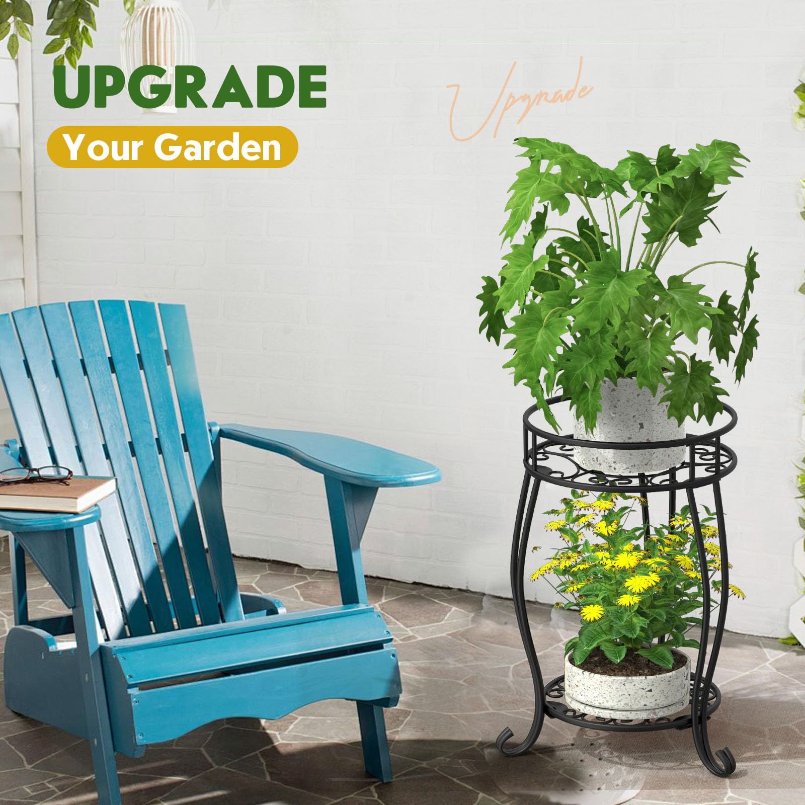 Soporte de metal de 2 niveles para plantas para interiores y exteriores, resistente al óxido, soporte estable para múltiples plantas, soporte para macetas para sala de estar, balcón, jardín, patio 7