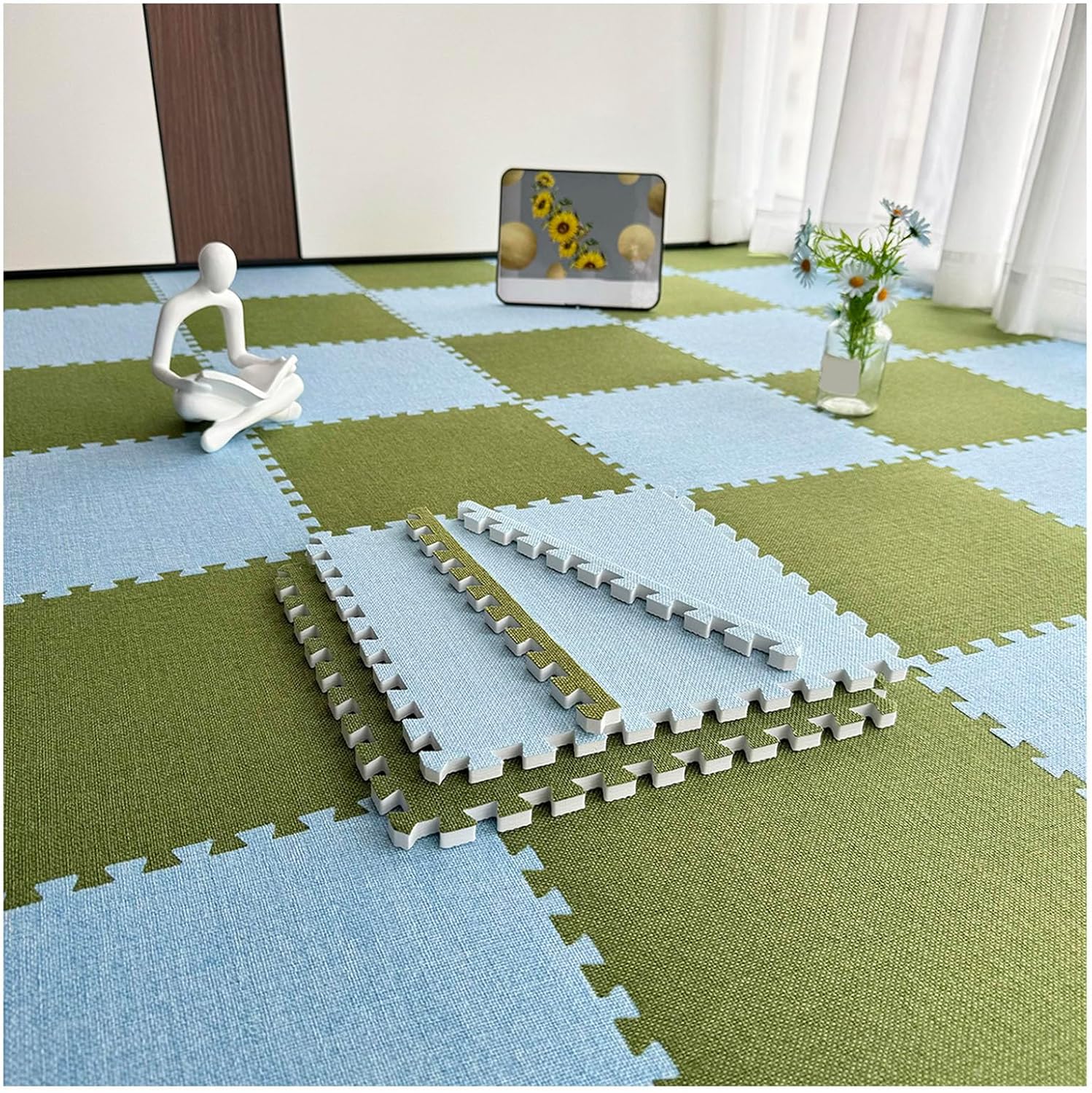 Interlocking Carpet Tiles, Thick Puzzle Floor Mats, Durable Cotton Linen Foam Tile, Breathable Puzzle Mat for Playroom,Living Room,Gym,Green,20 pcs