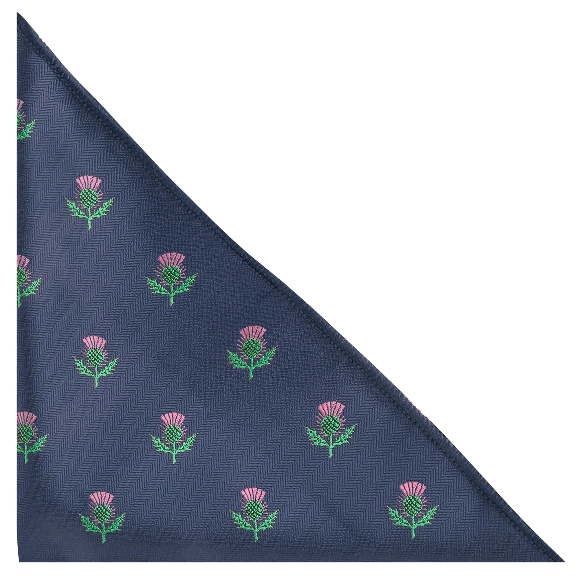 King & Priory Scottish Thistle Navy Blue Herringbone Embroidered Pocket Square, Handkerchief