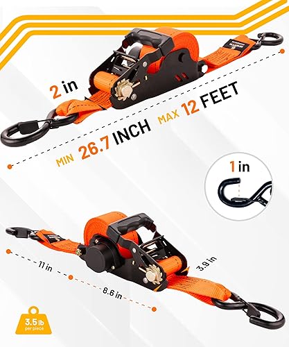 Miniatura 3 de Strapinno 2 correas retráctiles de amarre de trinquete, resistencia a la rotura de 5,000 libras, correa de trinquete resistente de 2 pulgadas x 12