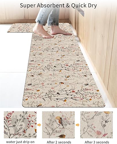 Miniatura 3 de Juego de 2 alfombras y tapetes de baño, alfombra de pasillo de baño, vintage, floral, beige, absorbentes, para piso, bañera, fregadero, cocina,