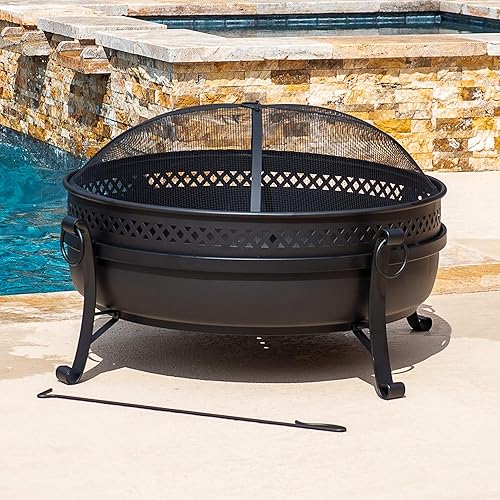 Miniatura 9 de SUNCREAT Hoguera de patio de 42 pulgadas con pantalla de malla para chispas, hoguera al aire libre con póker para chimenea, color negro