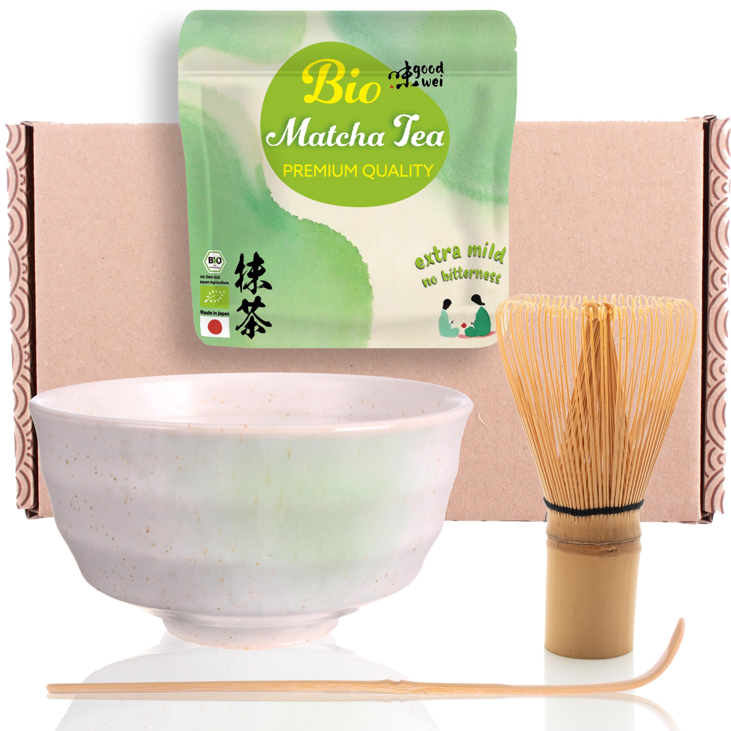 Goodwei Complete Matcha Tea Set with Matcha Whisk, Spoon and Matcha Bowl | Incl. 30g of Original Japan Matcha Powder | Starter Set (Shiro)