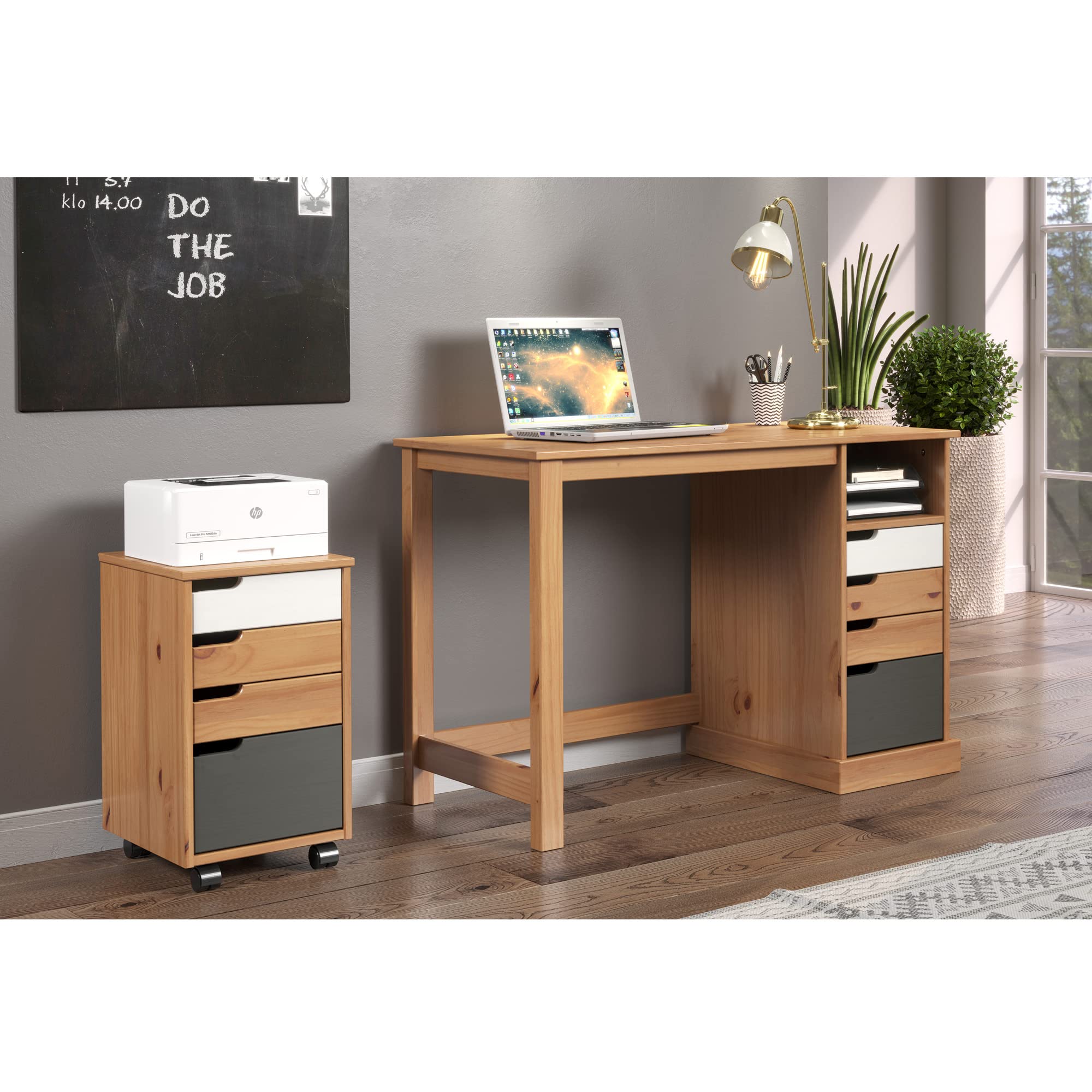 Inter-Furn 2044521B9 Rollcontainer, Kiefer Weiß/Grau/Honig, 32 x 56 x 38 cm