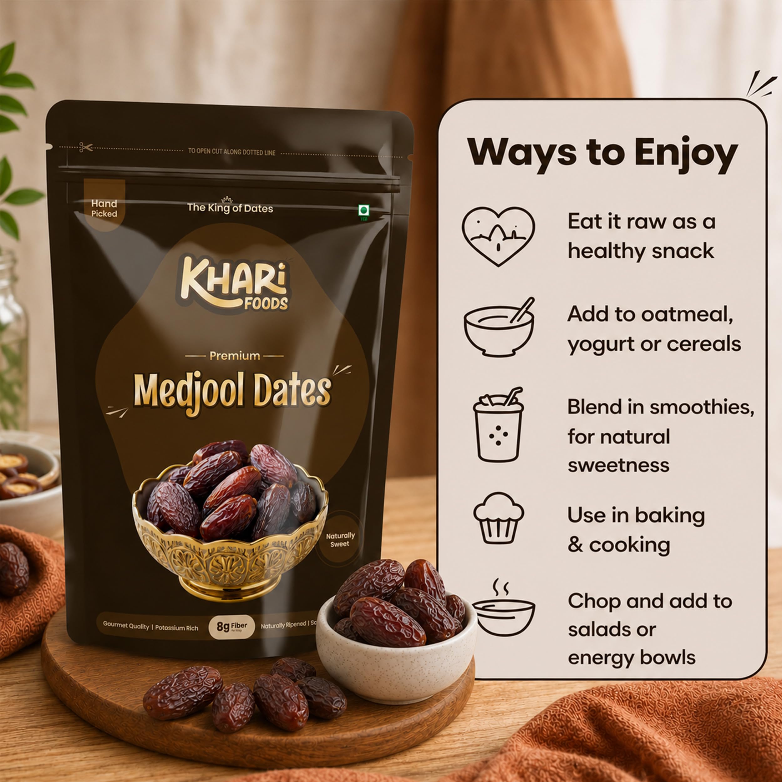 Khari Foods Premium Medjool Dates, Khajur/Khajoor Dry Fruits, High Fibre, Energy Booster, Natural Sweetener, No Added Sugar, No Preservatives, Healthy Snacks (200g) 3