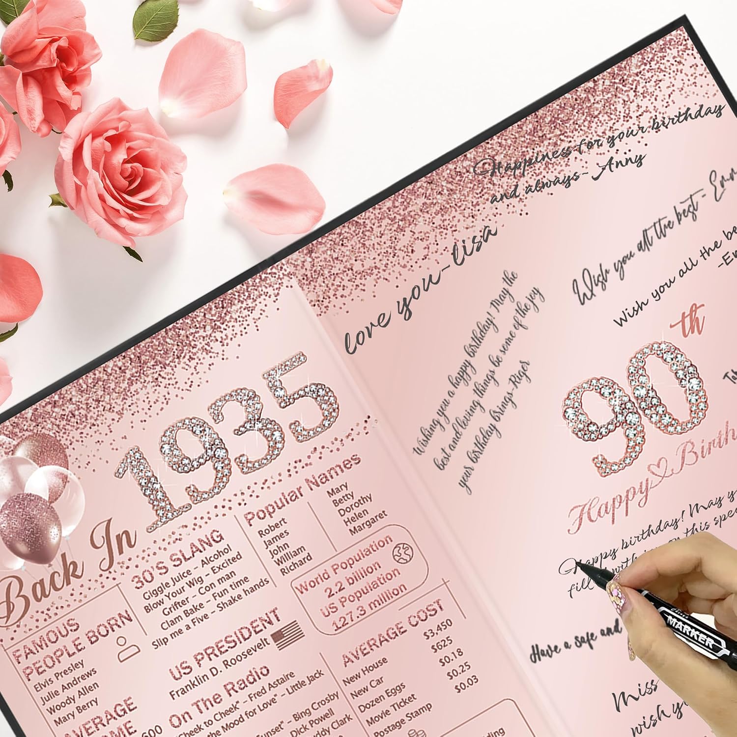 Vlipoeasn 90th Birthday Party Guest Book for Women, Creative 1935 Poster Sign in Book, Pink and Black Back in 1935 Signature Book, 90 Year Old Birthday Party Decorations Centerpieces Supplies