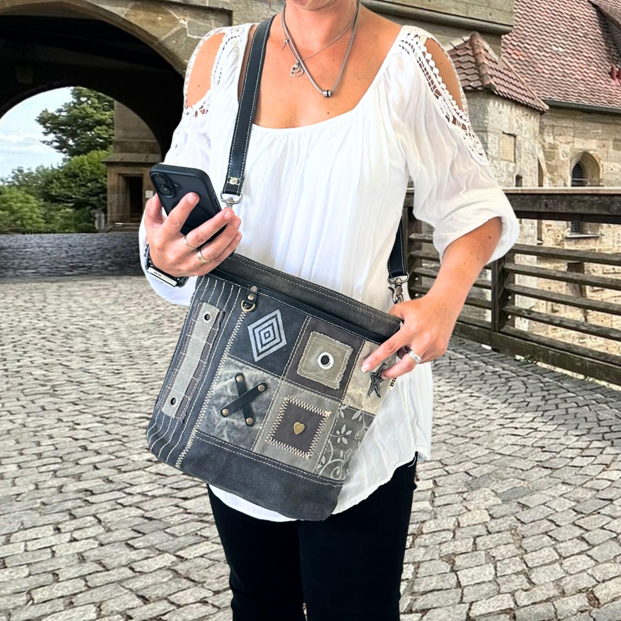 Sunsa Taschen Damen. Umhängetasche aus Canvas/Leinwand & Leder, khakigrün
