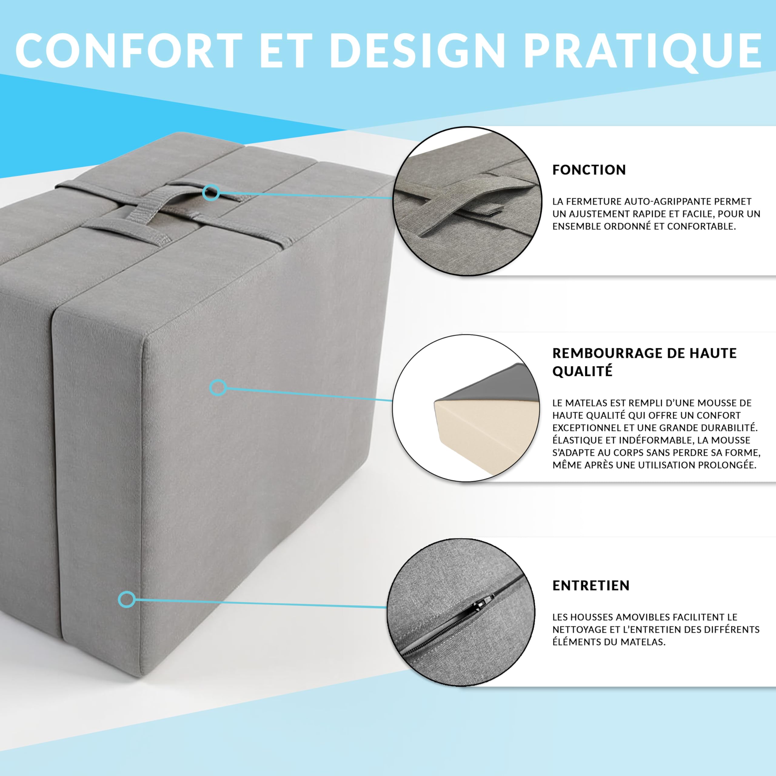 POKAR Matelas Pliable 80x195x15 cm | Matelas Pliant en 3 Parties | Matelas d'Appoint pour Invités et Camping | Matelas en Mousse Extra Épais, Housse Amovible | Oeko-TEX | Fabriqué en UE | Gris