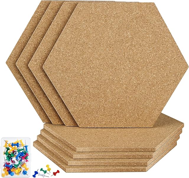 TUPARKA Set of 8 Cork Boards Hexagonal Bulletin Boards Cork Tiles 8.2" x 7" - 1/4" Self Adhesive Cork Boards with 50 Push Pins Mini Wall for Home Wall
