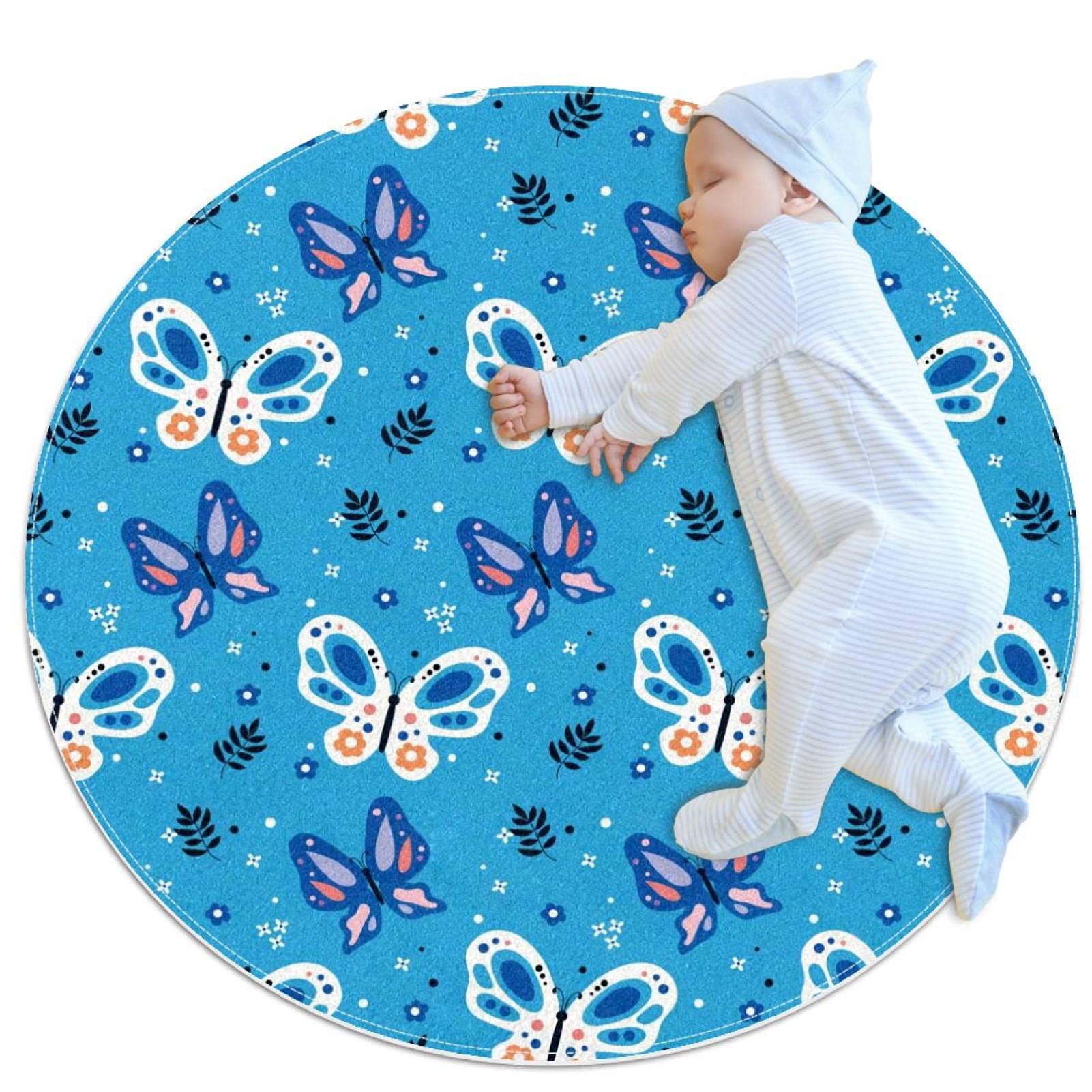 Tapis de salle de bain papillon bleu rond 1m antidérapant pour chambre