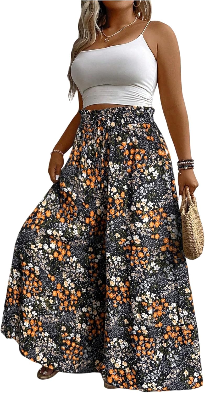 BEAUDRM Women's Plus Size Floral Baggy Pants Boho Drawstring Wide Leg Flowy Vacation Palazzo Pants