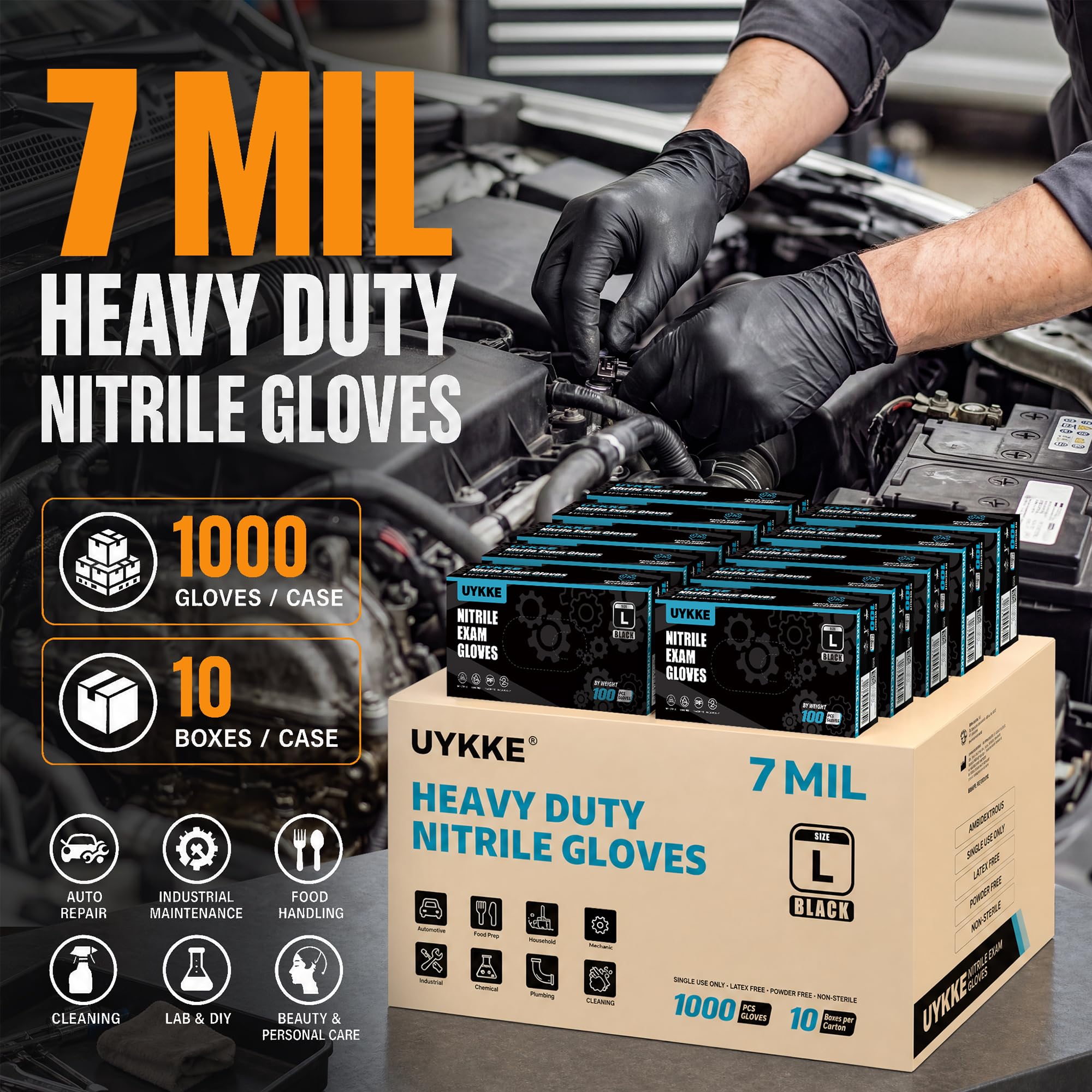 Strapazierfähige Nitrilhandschuhe, 7 mm, Schwarz, Reinigungshandschuhe, puder- und latexfrei, Einweghandschuhe, Lebensmittelzubereitung, Mechaniker-Tattoos (1000, groß)