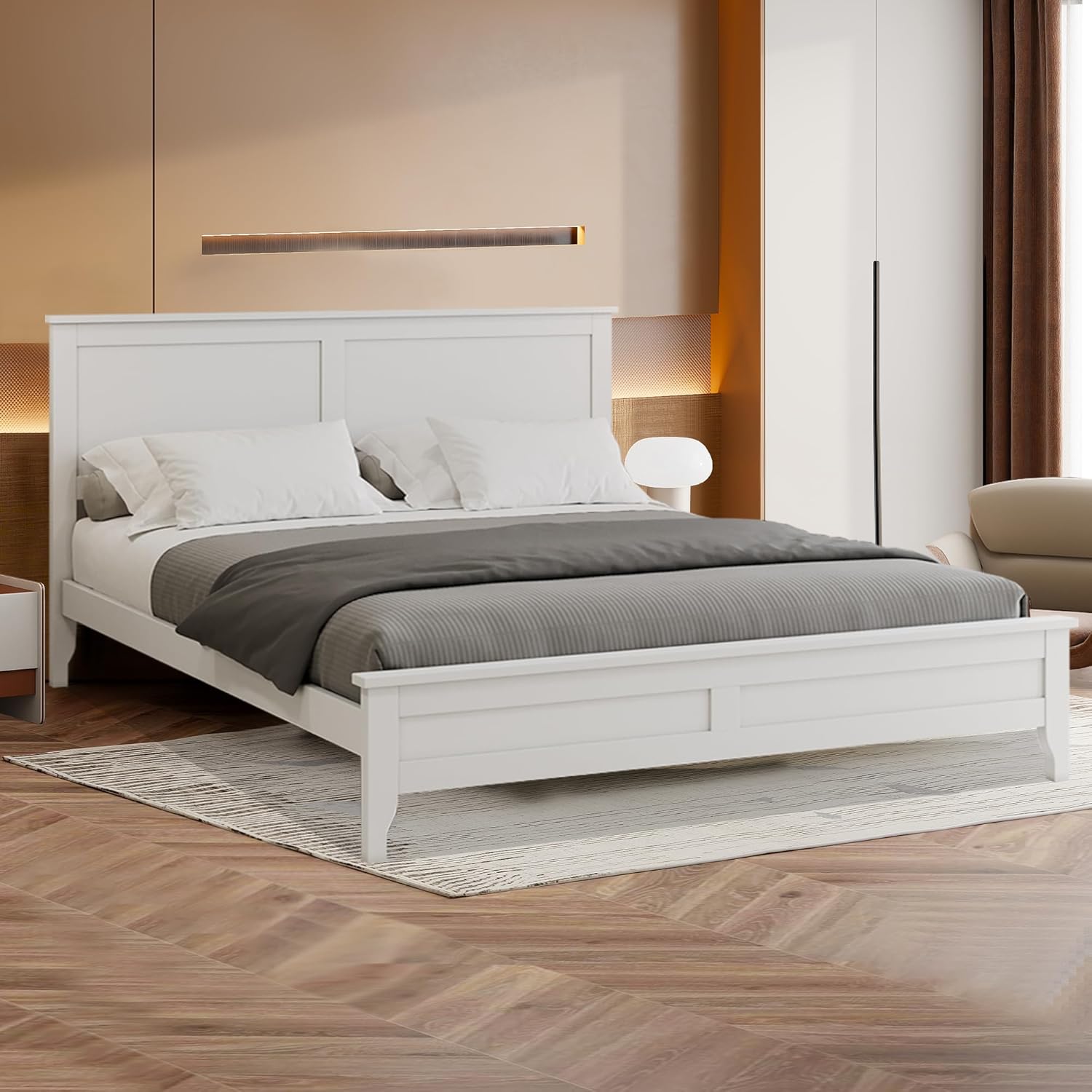 Merax Queen Size Platform Bed, Modern Solid Wood Bed with Sturdy Wooden Slats Support, White
