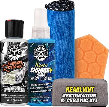 Chemical Guys Headlight Restoration & Ceramic Kit, Complete DIY Kit for Removing Yellowing & Oxidation, Includes Restoration Compound, HydroCharge With Microfiber & Applicator