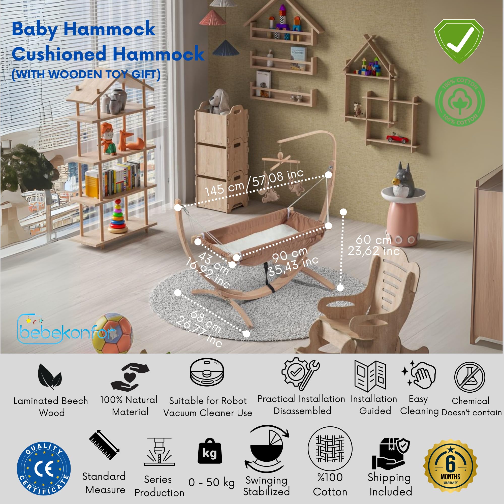 Hamac pour enfant en bois 66×150 cm chaise longue ergonomique 3–5 ans beige
