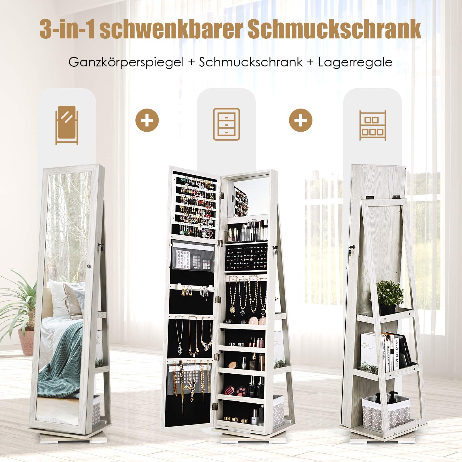 GOPLUS sieradenkast met spiegel voor het hele lichaam, 360° draaibare spiegelkast met 3-kleurig LED-licht, afsluitbare sieradenorganizer (Rustiek Bruin