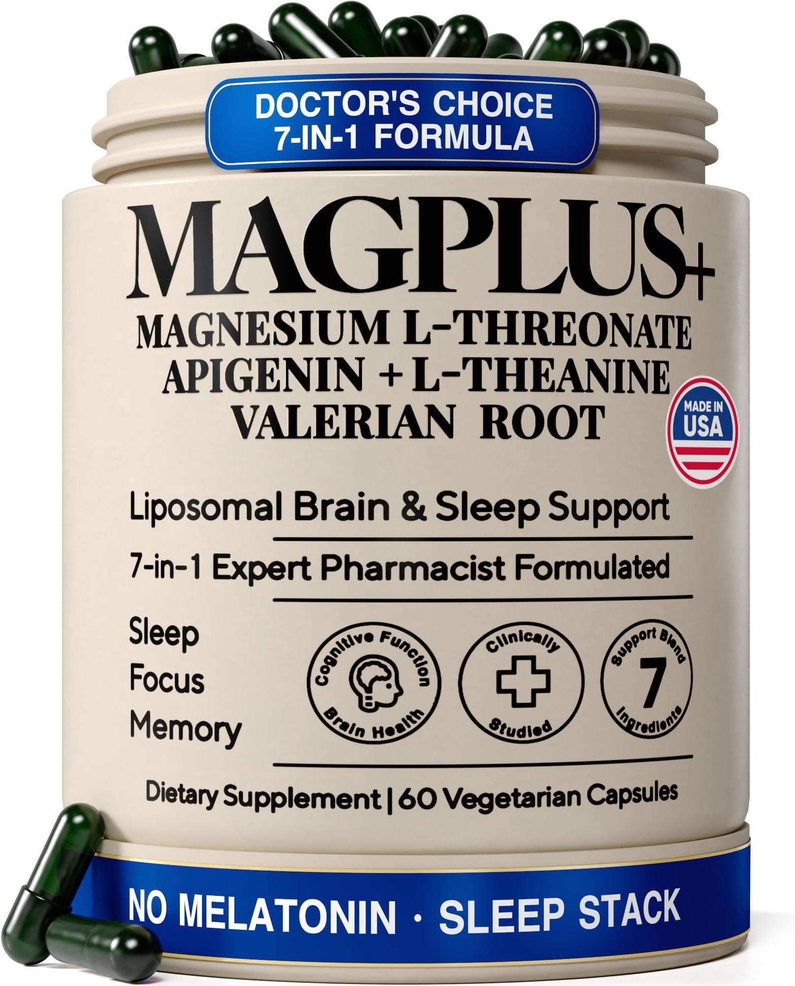 Liposomal Magnesium L-Threonate with Apigenin, 60 Caps | Melatonin-Free Restful Sleep & Calm Focus Support: 7-Ingredient Formula with L-Theanine, Valerian Root & Chamomile