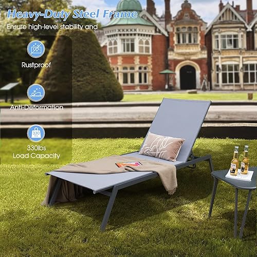 Miniatura 5 de HAPPYGRILL Tumbona para patio, reclinable al aire libre con respaldo ajustable de 6 niveles, tela transpirable y de secado rápido, tumbona ajustable