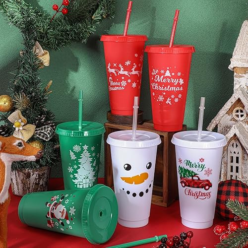 Miniatura 5 de Umigy 24 vasos de Navidad de 24 onzas de plástico reutilizables con tapas y pajitas para café, vino, bebidas frías y calientes, para decoración de