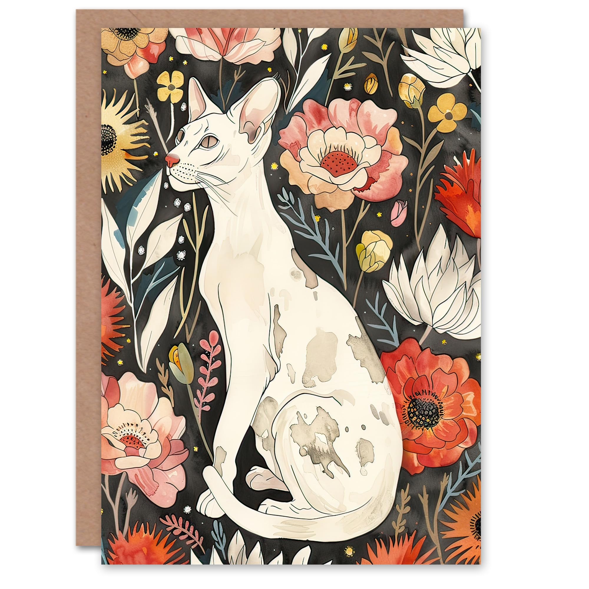 Artery8 Greeting Card Cat Lover Oriental Shorthair Floral Pet Portrait For Her Woman Birthday Card