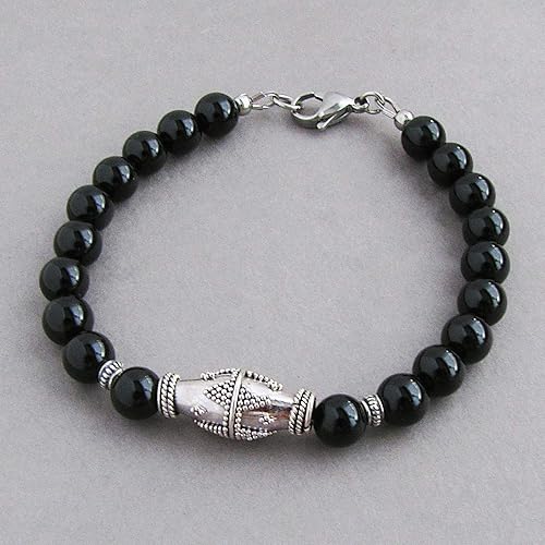 Miniatura 2 de 8mm Black Onyx Gemstone Bracelet for Men, Sterling Silver Accents, Beaded, Handcrafted in USA