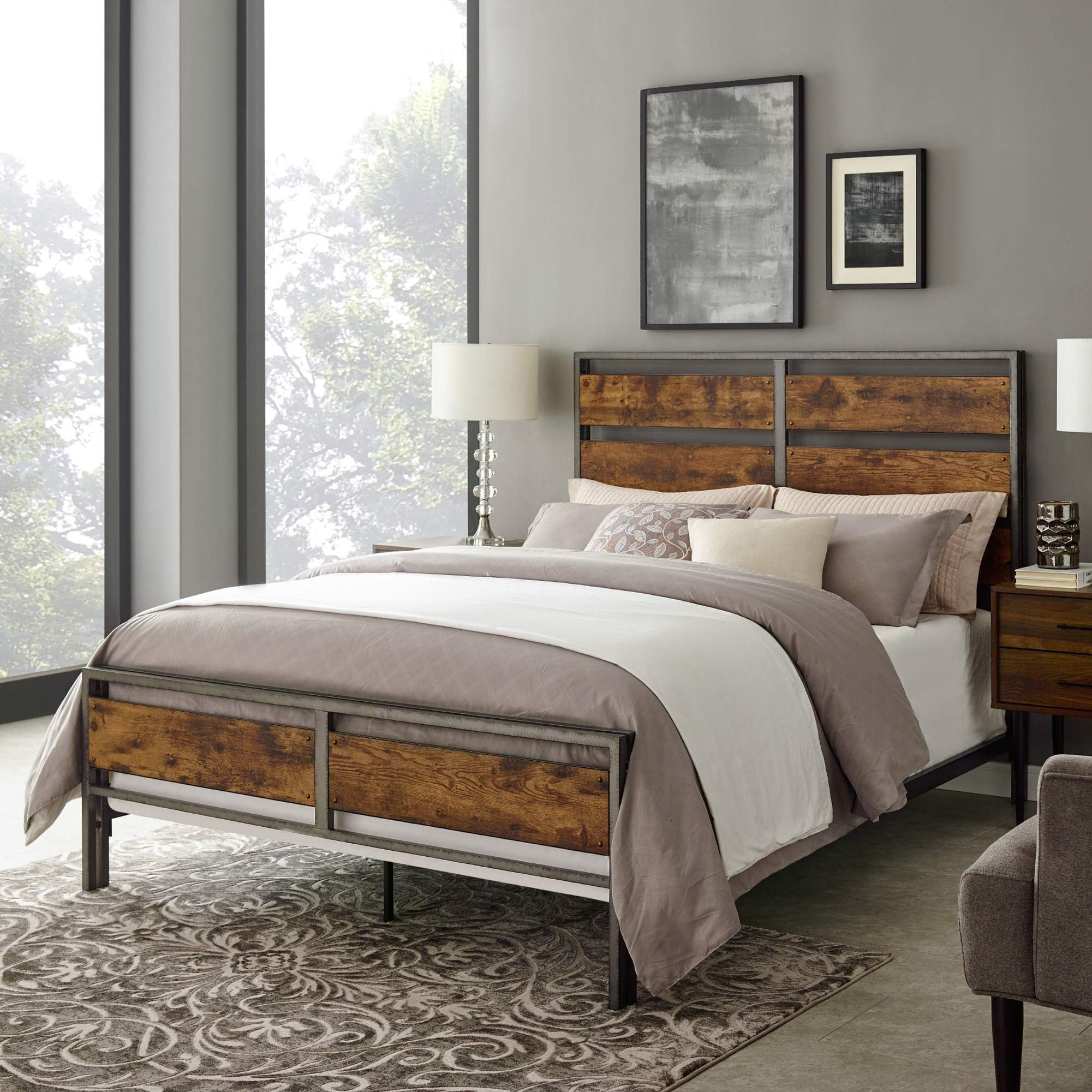 WE Furniture AZQSLRW Plank Metal Queen Size Bed Frame Bedroom, Brown Reclaimed Wood