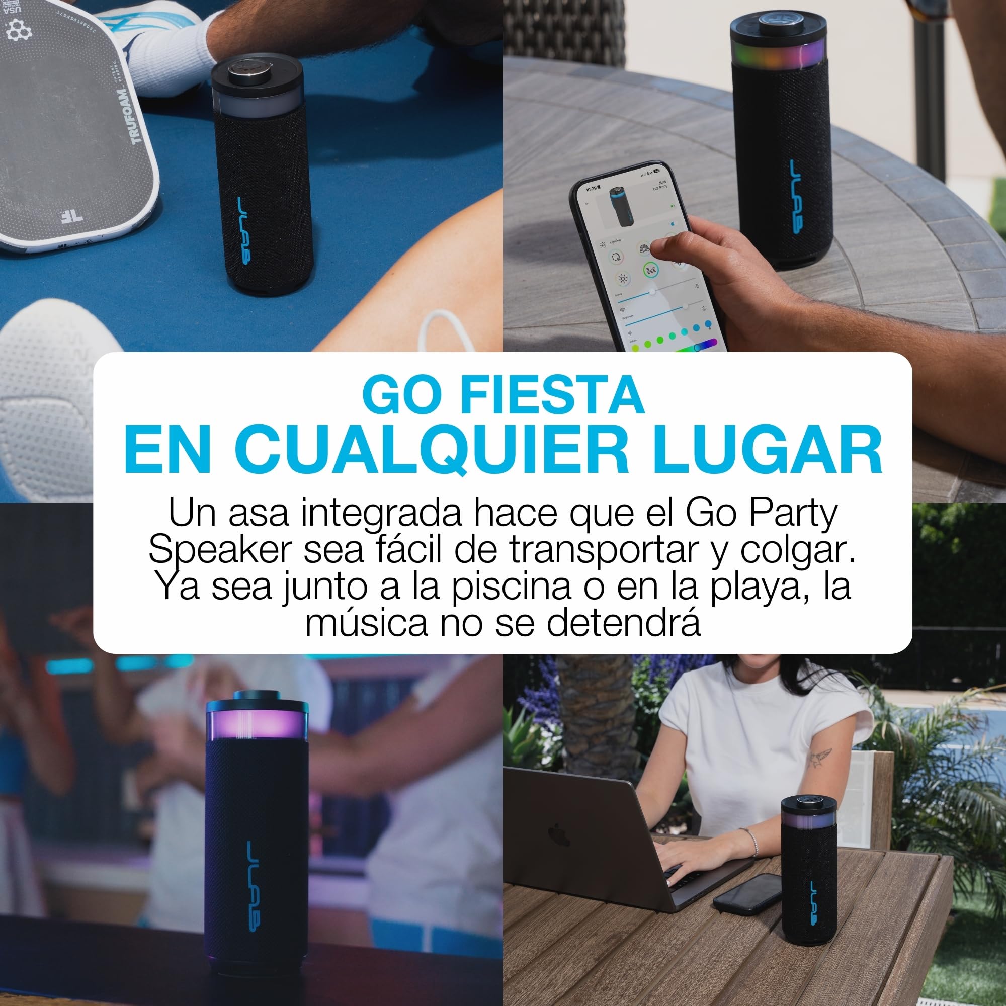 JLab Go Party Altavoz Bluetooth Portátil con 16H+ de Autonomía - Altavoz Inalámbrico 10W para Exterior y Viajes con Luces RGB y Sonido Lab Quality, Resistente al Agua IP56, Negro