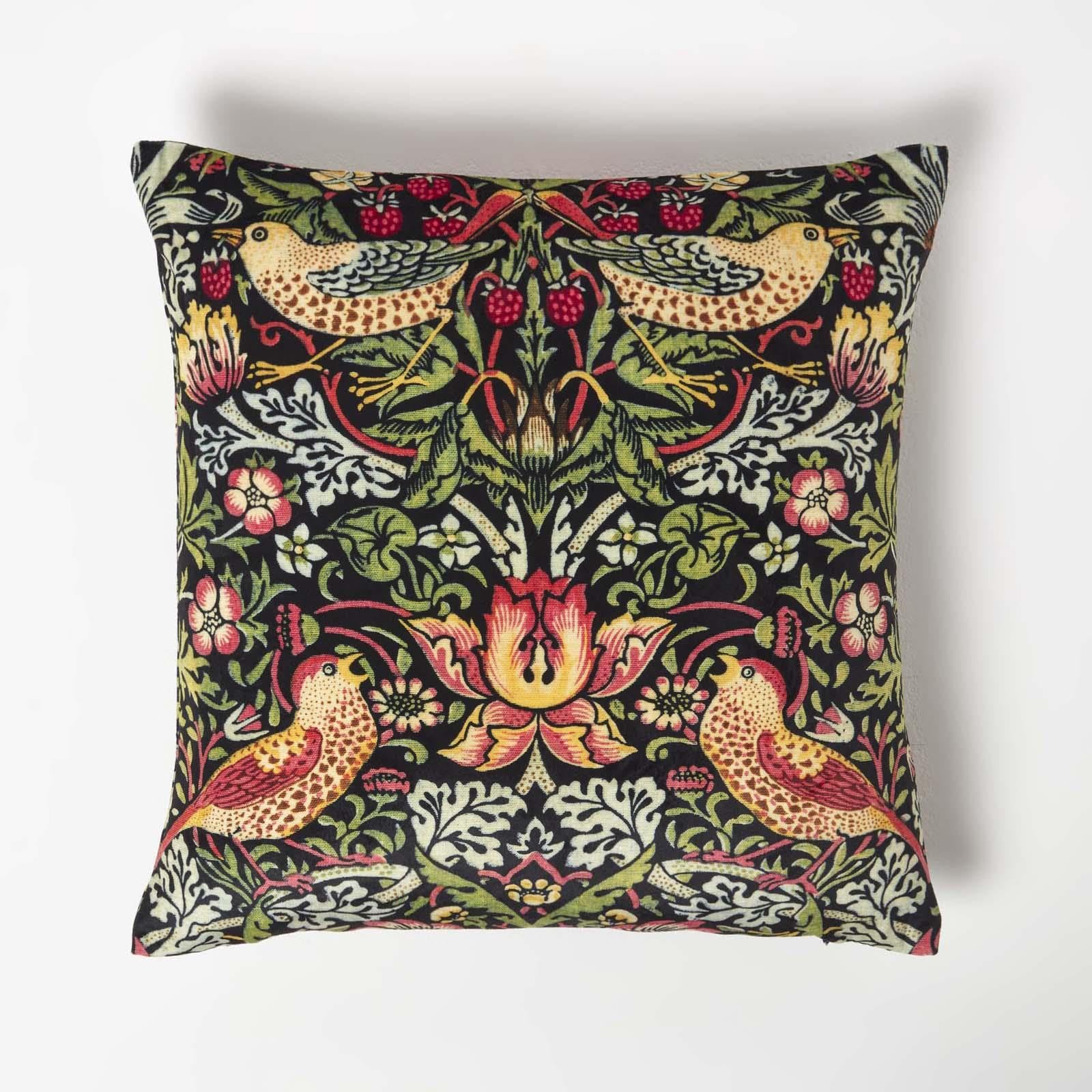 Homescapes Unisex Black William Morris Strawberry Thief Velvet Cushion In 45Cm X 45Cm