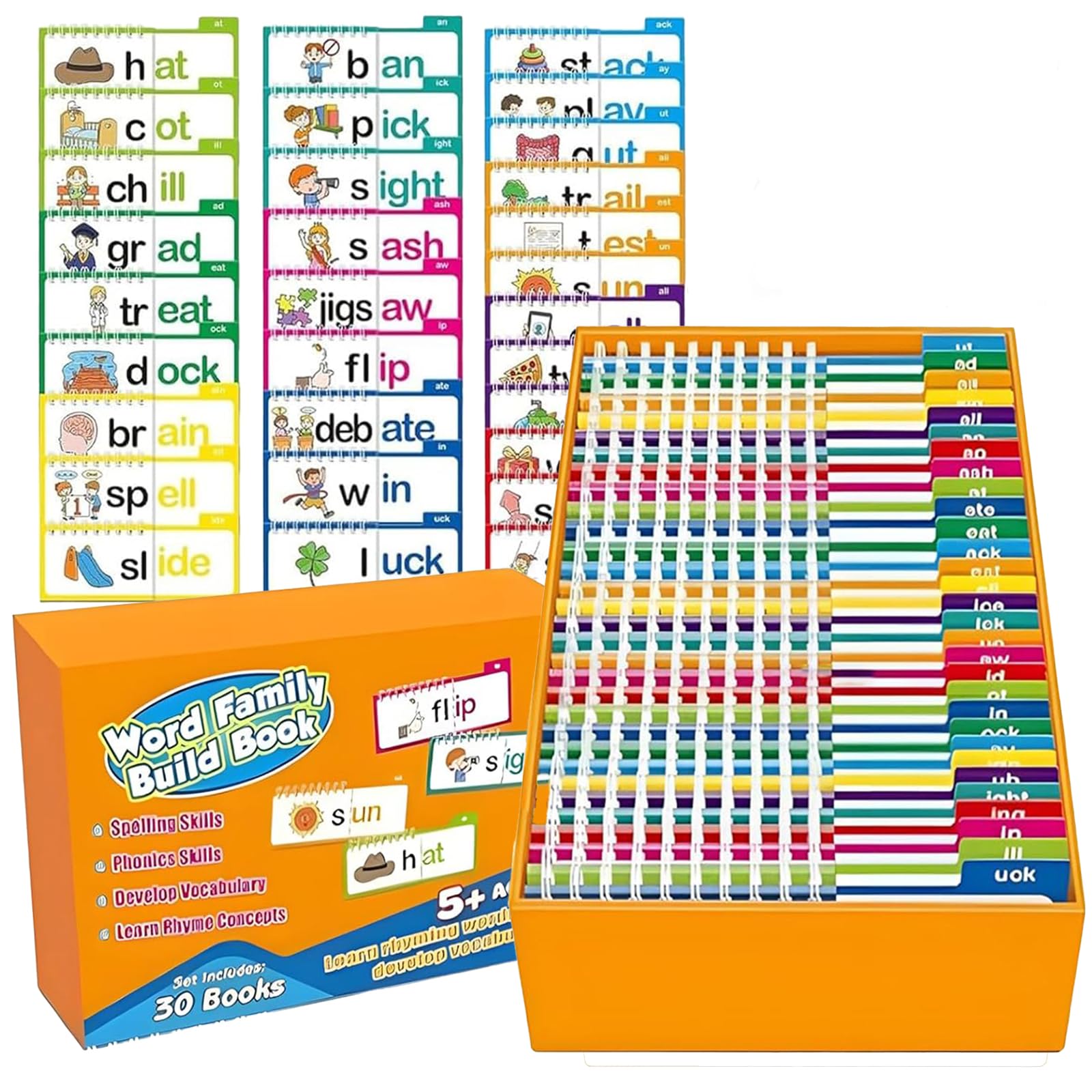 30 Read and Rhyme Flip Books for Kids Ages 4-9 | Word Families Phonics Activity with 150+ Vocabulary Words | Spiral Bound Learning Tools for Home & Classroom Use