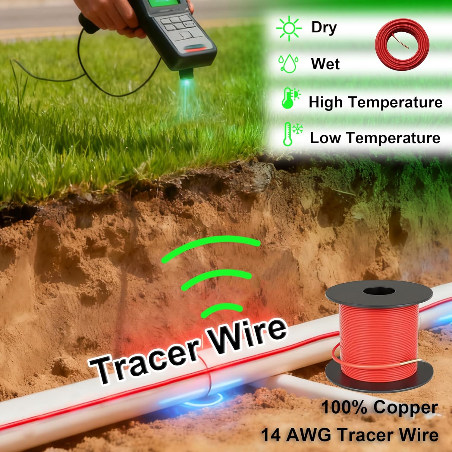 14 AWG Tracer Wire 600V Solid Conductor Direct Burial, (250FT),Underground Tracer Wire for Locating Underground Pipes Line Gas Water Sewer Pipe and Fiber Optic,ROYA WYRE Cable Technology