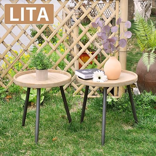 Miniatura 7 de LITA Mesa auxiliar redonda de 2 piezas, mesas de noche, escritorio de troncos, mesa de bandeja de madera con soporte de metal negro para sala de