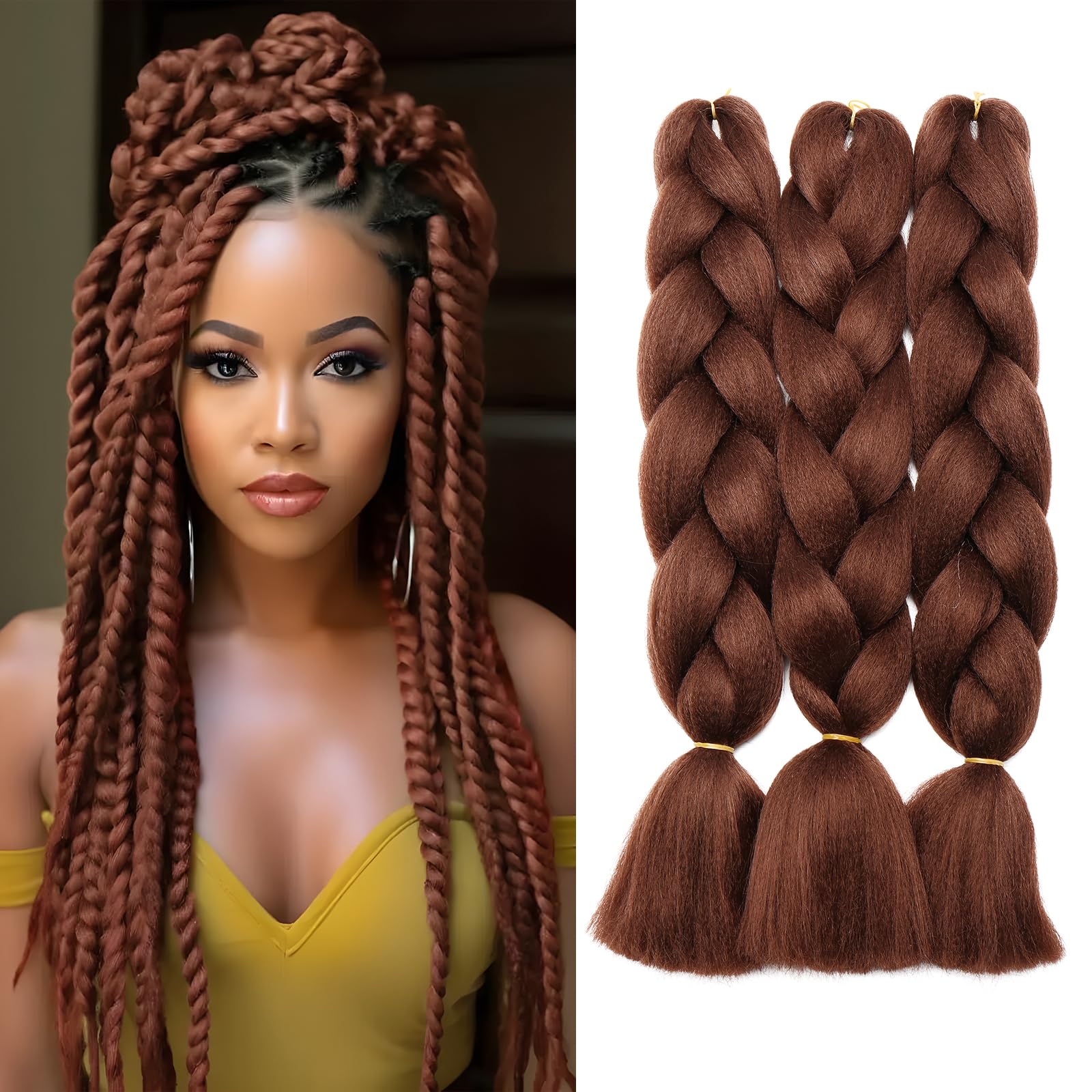 Benehair 3 Packs 24 Inch Braid Extensions Jumbo Box Braiding Hair for Twist Colorful Synthetic Hair Extensions for Braiding Dark Brown Hair Extensions for Women(3 Packs