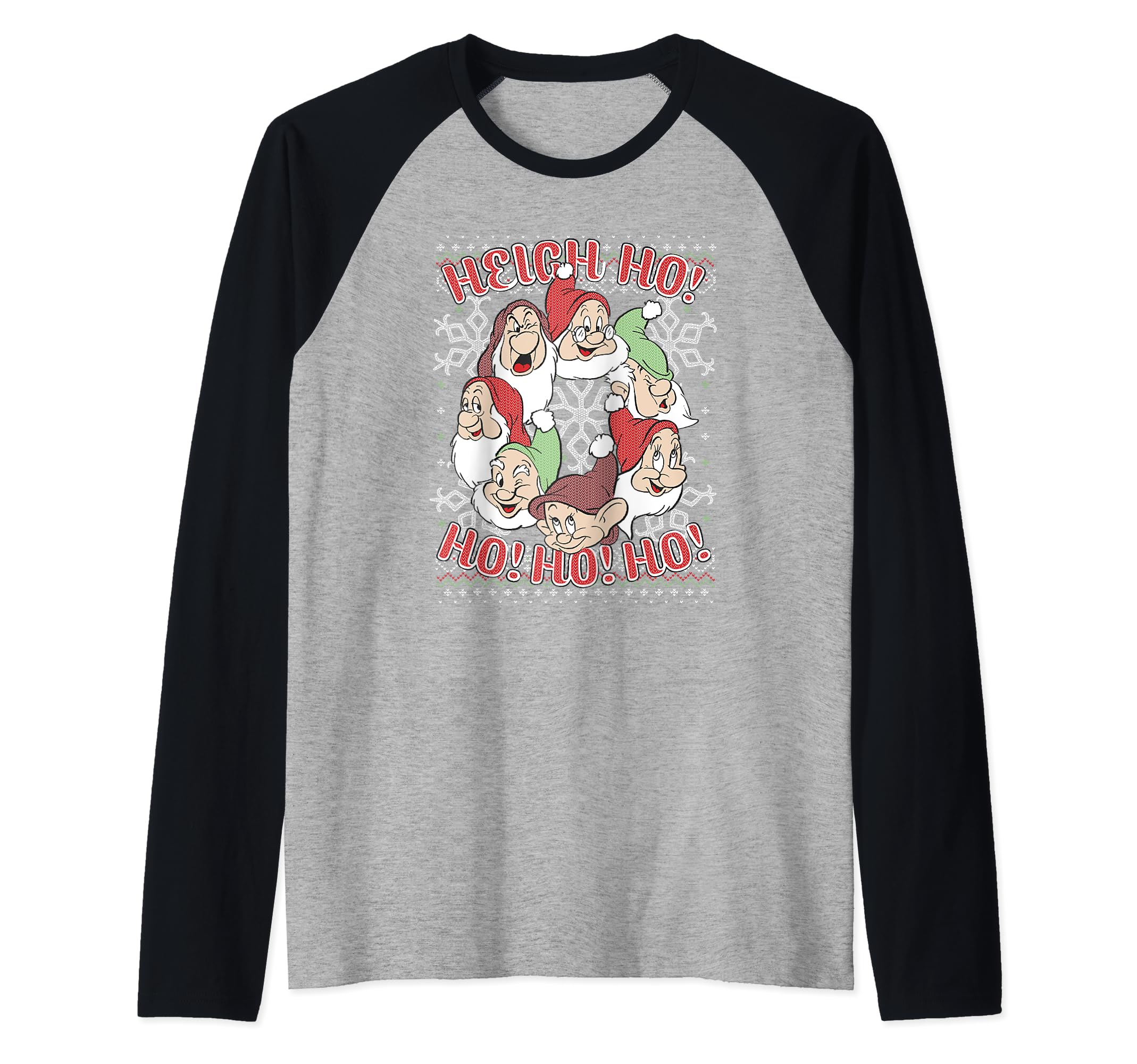 Disney Snow White All Dwarfs Ugly Christmas Sweater Raglan Baseball Tee, Black