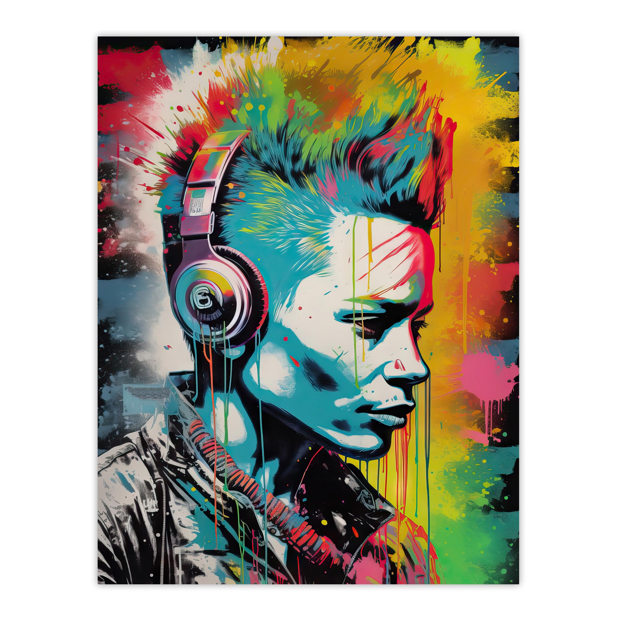 Artery8 Punk Music Vibrant Artwork Young Man With Headphones Portrait Large Wall Art Poster Print Thick Paper 18X24 Inch